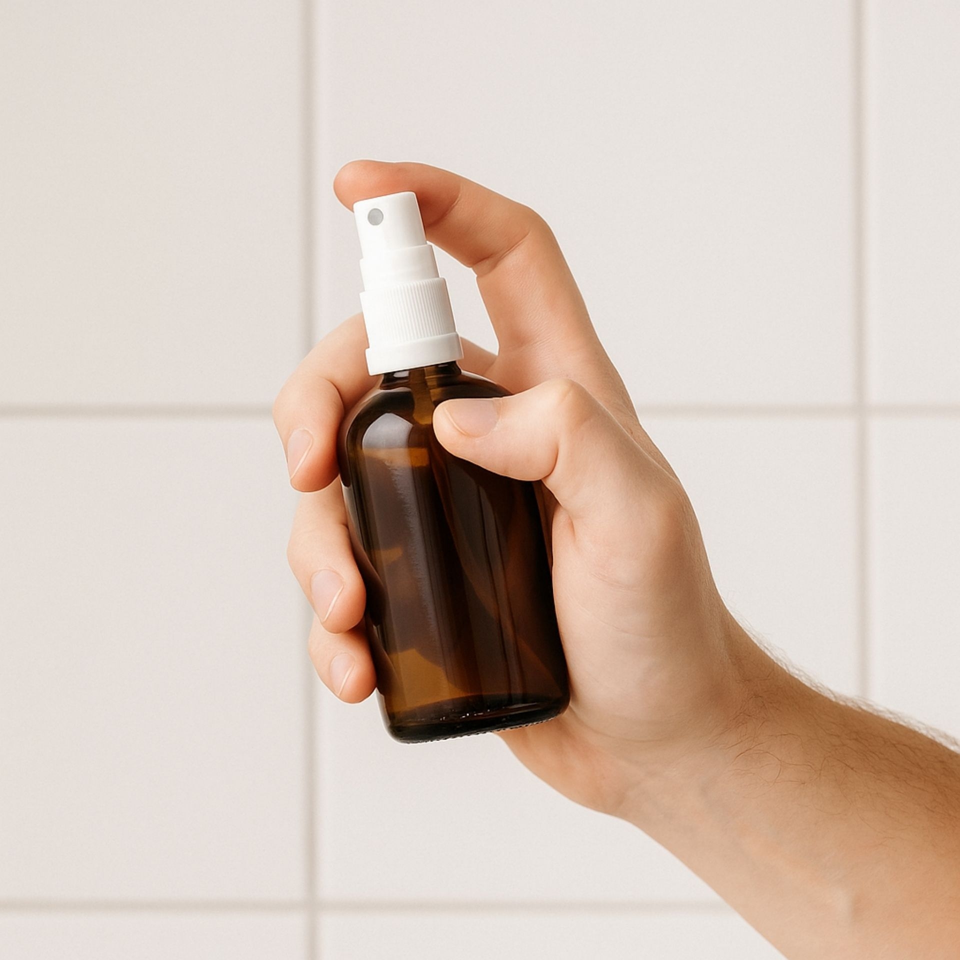 Braune Glasflasche 100ml mit weissem Zerstaeuberaufsatz_ in einer Hand gehalten – ideal fuer Sprays und DIY-Anwendungen