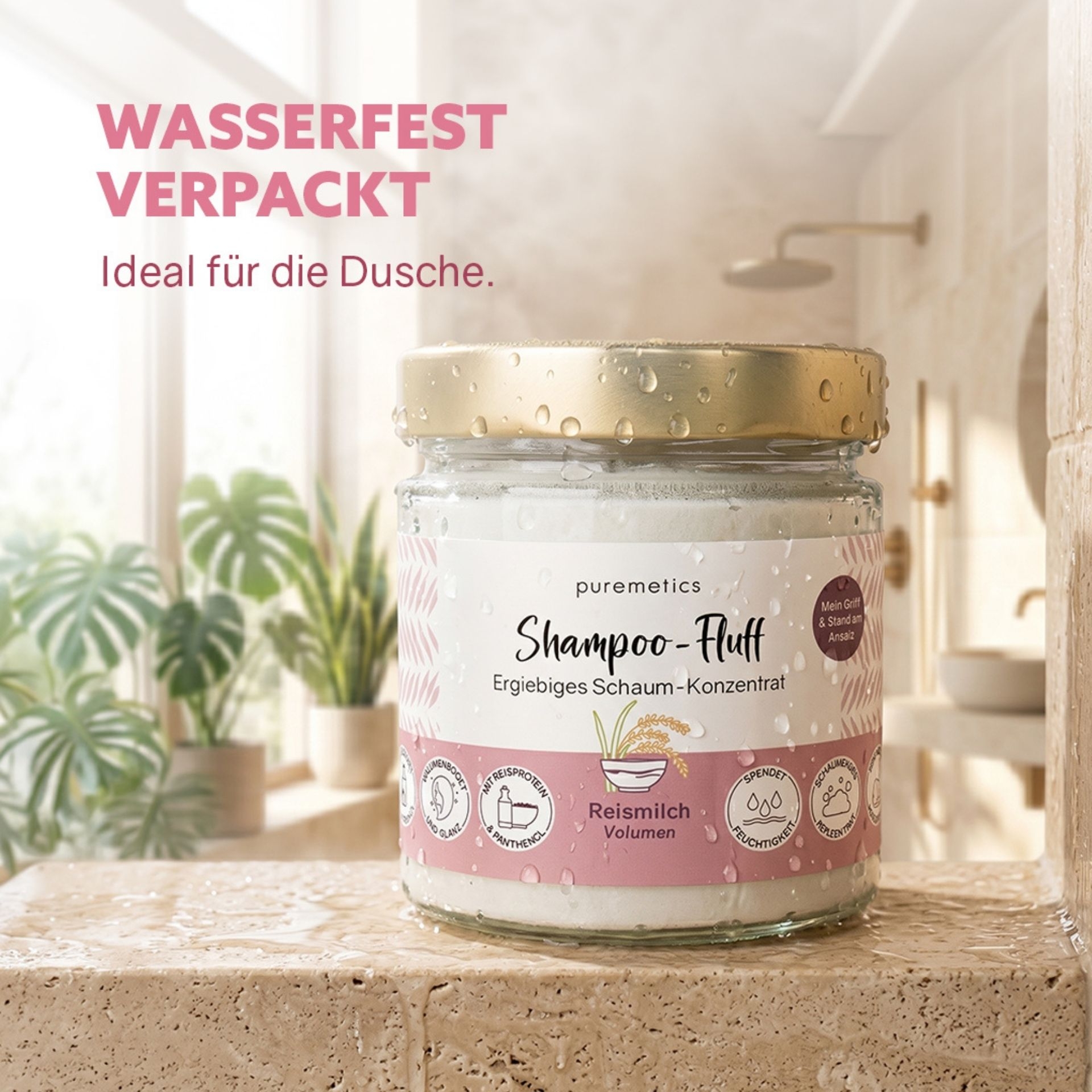 Wasserfest verpacktes Shampoo-Fluff im Glas ideal fuer Dusche und Badezimmer