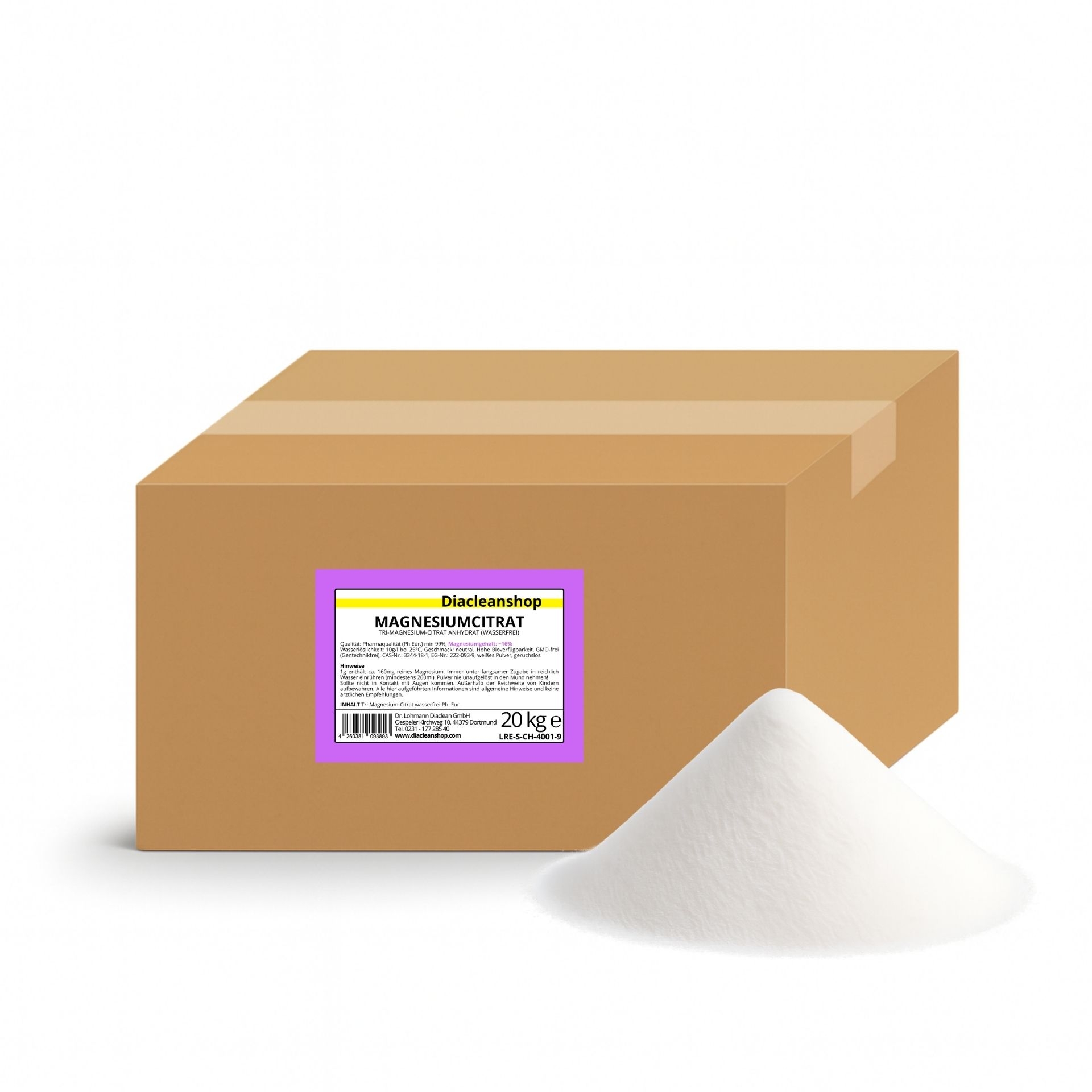 Brauner Karton mit Etikett „Magnesiumcitrat 20 kg“ vom Diacleanshop_ daneben ein weisser Pulverhaufen auf weissem Hintergrund