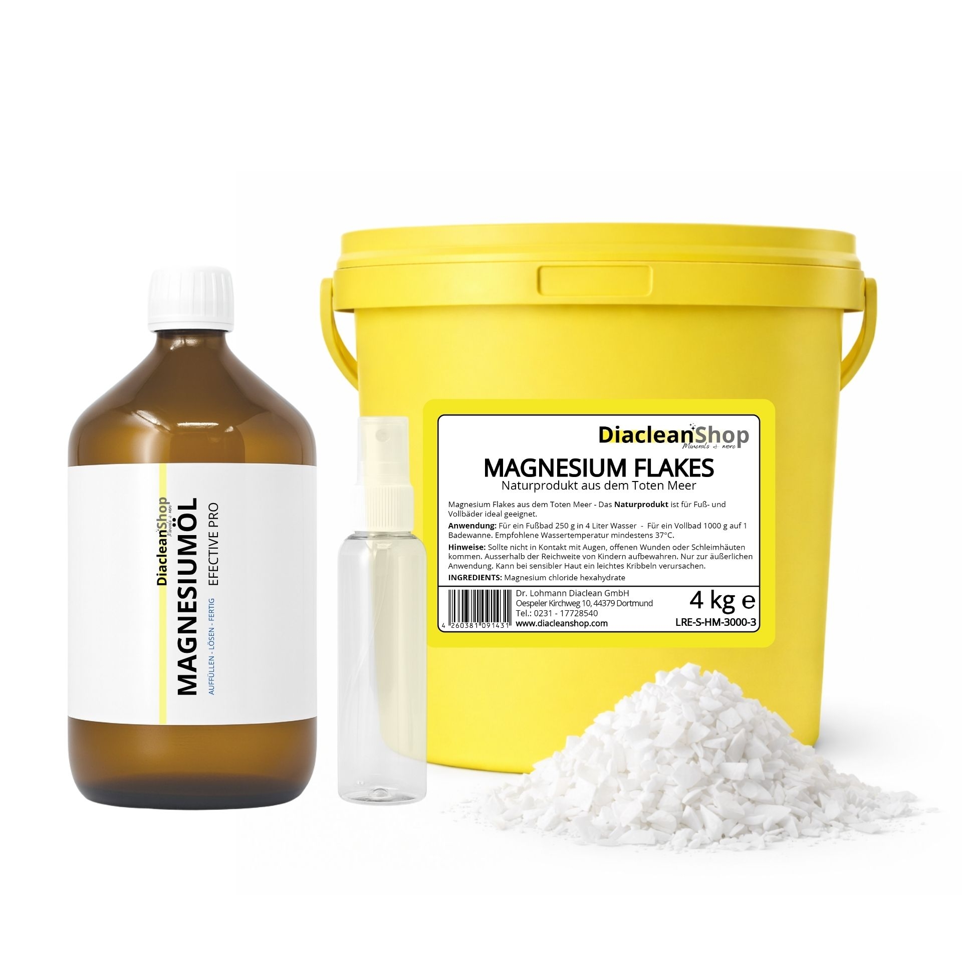 Magnesiumchlorid Set mit Magnesium Flakes_ Magnesiumoel und Spruehflasche von Diacleanshop
