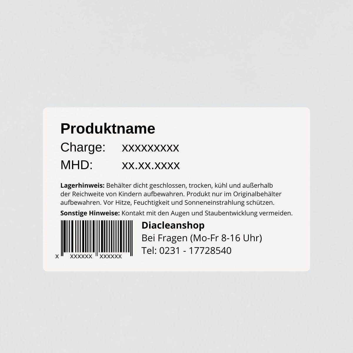 Zitronensaeure 25 kg Rueckseitenetikett mit Lagerhinweisen_ Charge_ MHD und Barcode