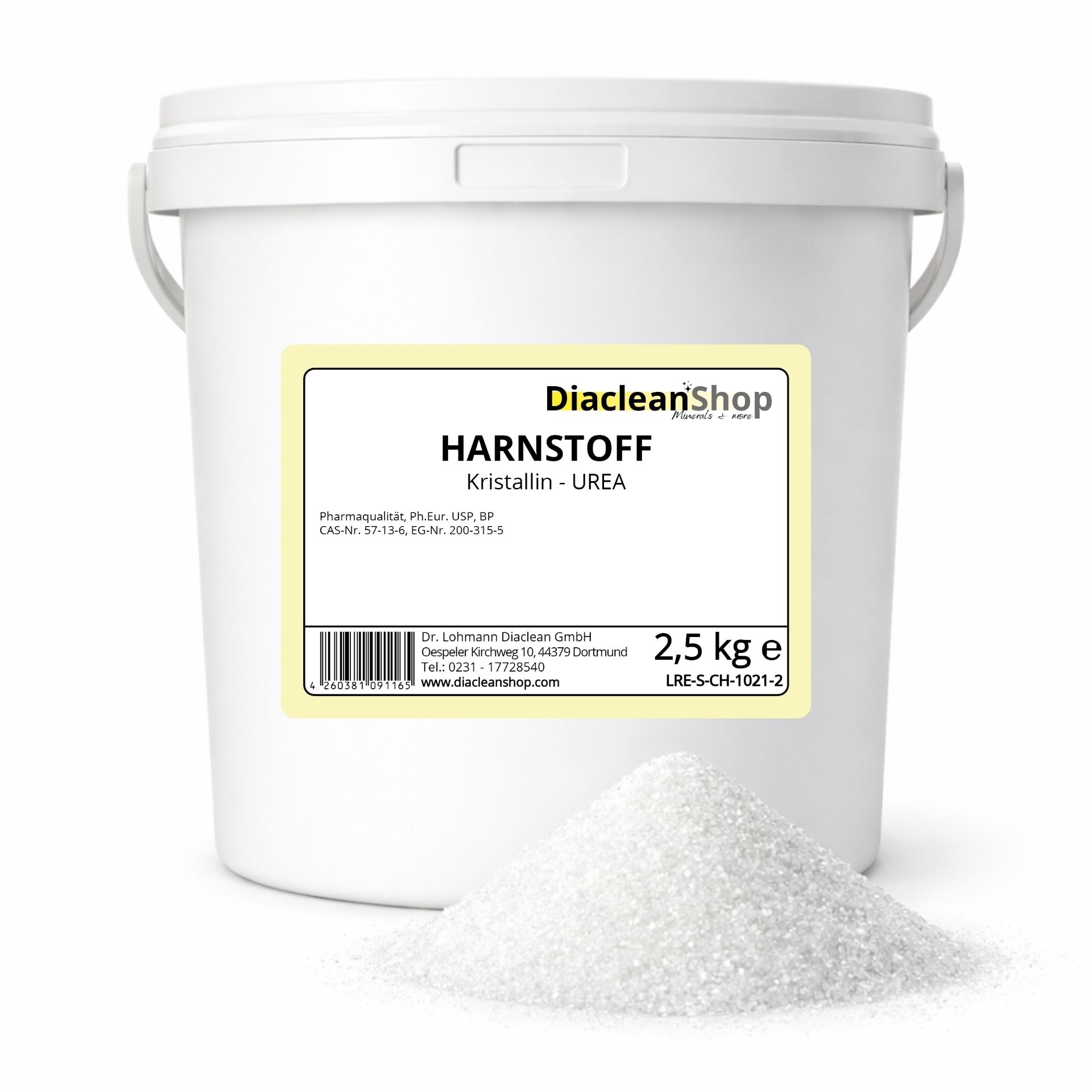 Harnstoff 2_5kg im weissen Eimer mit Etikett von Diacleanshop_ Produktabbildung