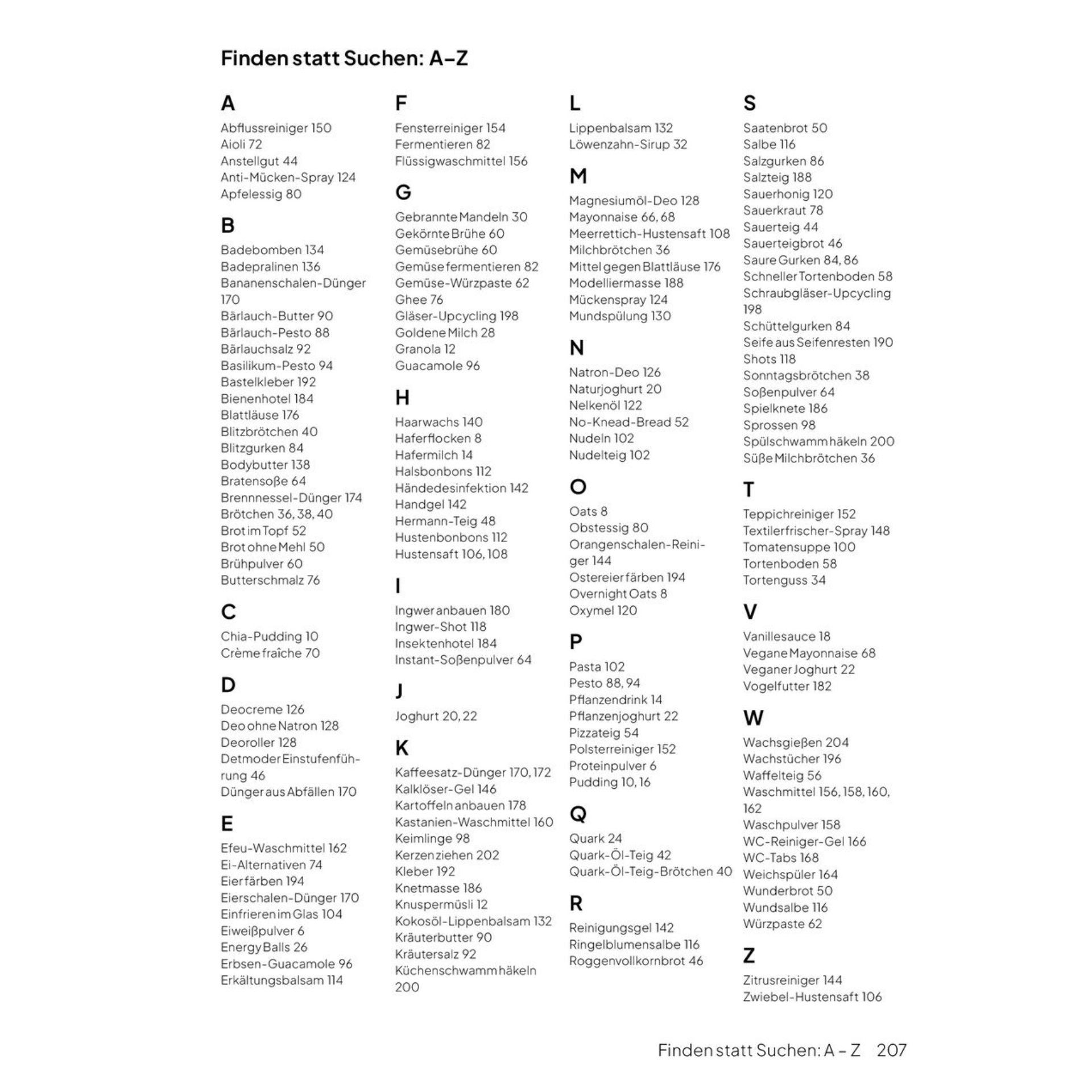 Registerseite des Buches mit alphabetischem Verzeichnis der enthaltenen DIY-Projekte