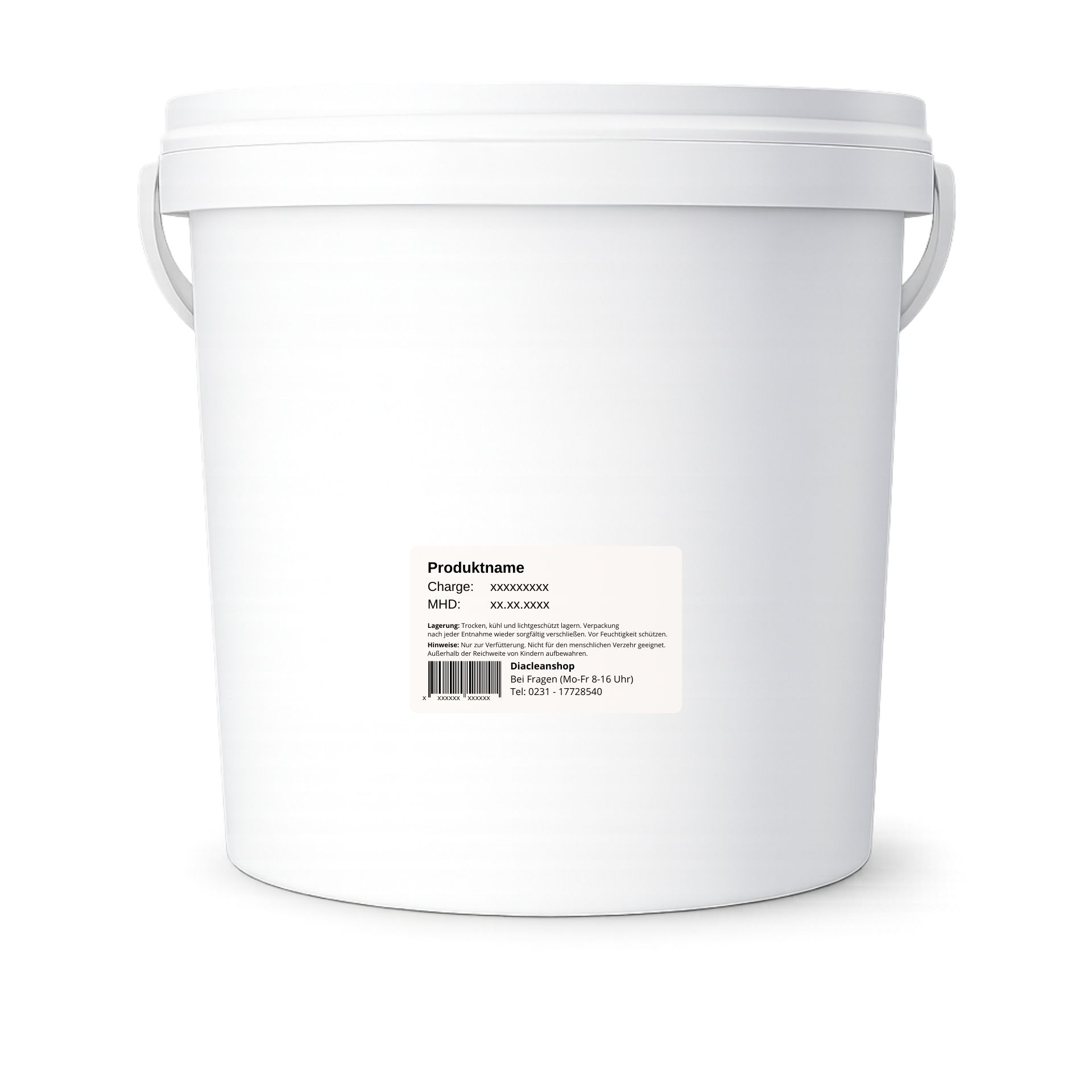Rueckansicht des weissen MSM Pulver 1 kg Eimers mit rueckseitigem Produktetikett vor weissem Hintergrund