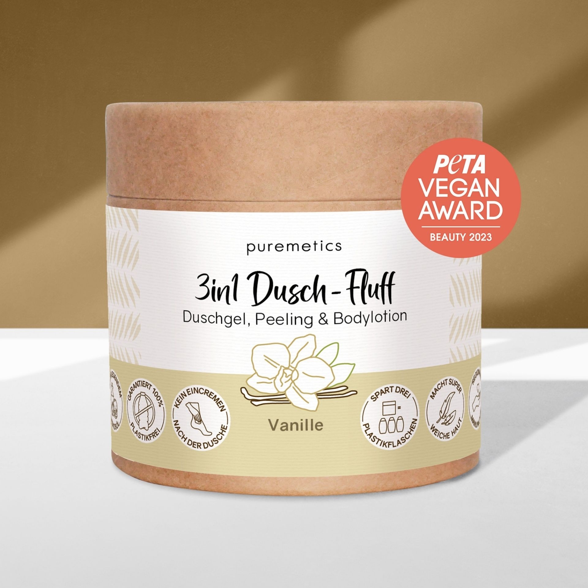 3in1 Dusch-Fluff Vanille von puremetics im Kartonbehaelter mit PETA Vegan Award 2023 auf hellem Hintergrund