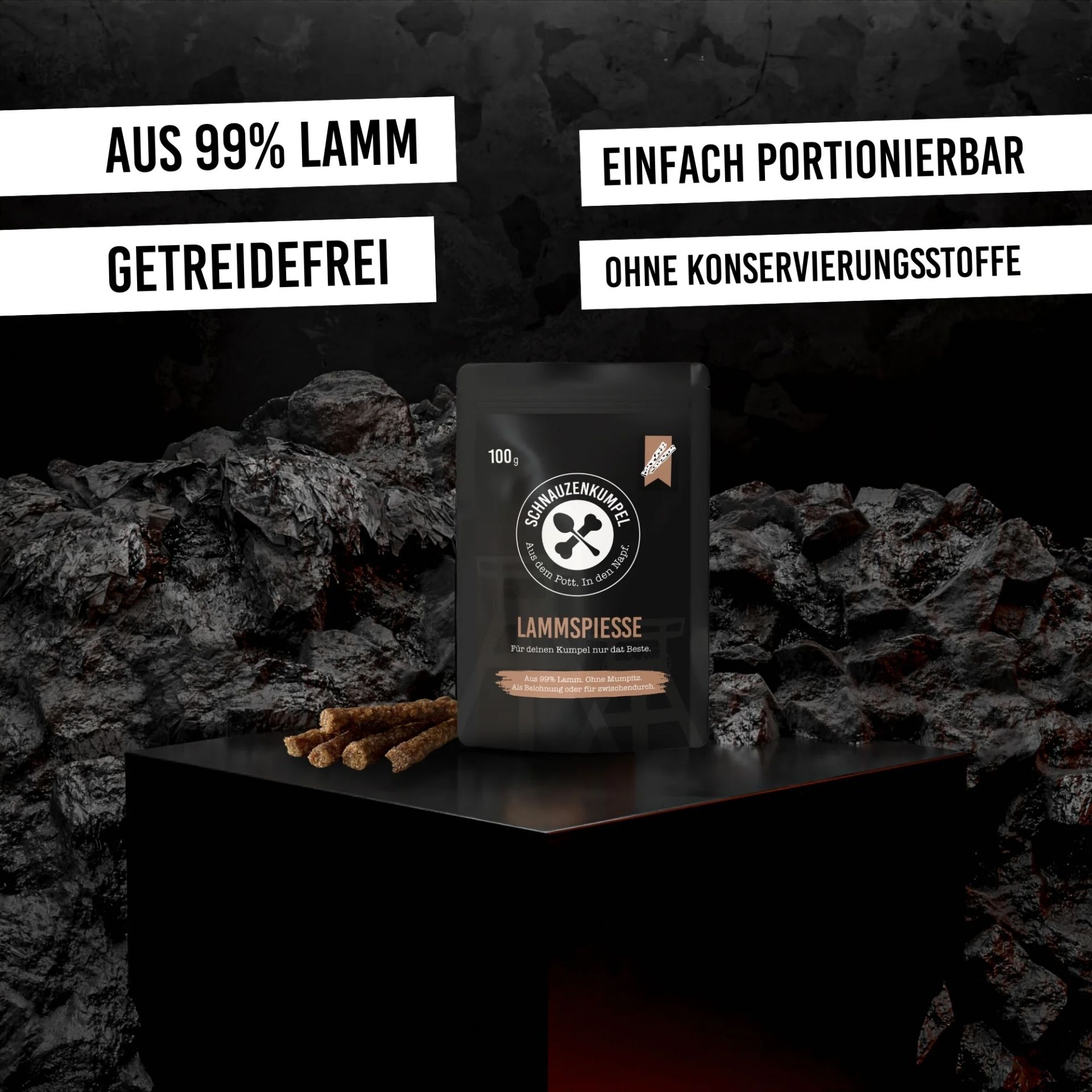 Schnauzenkumpel Lammspiesse 100 g mit Produktvorteilen 99 % Lamm_ getreidefrei und einfach portionierbar
