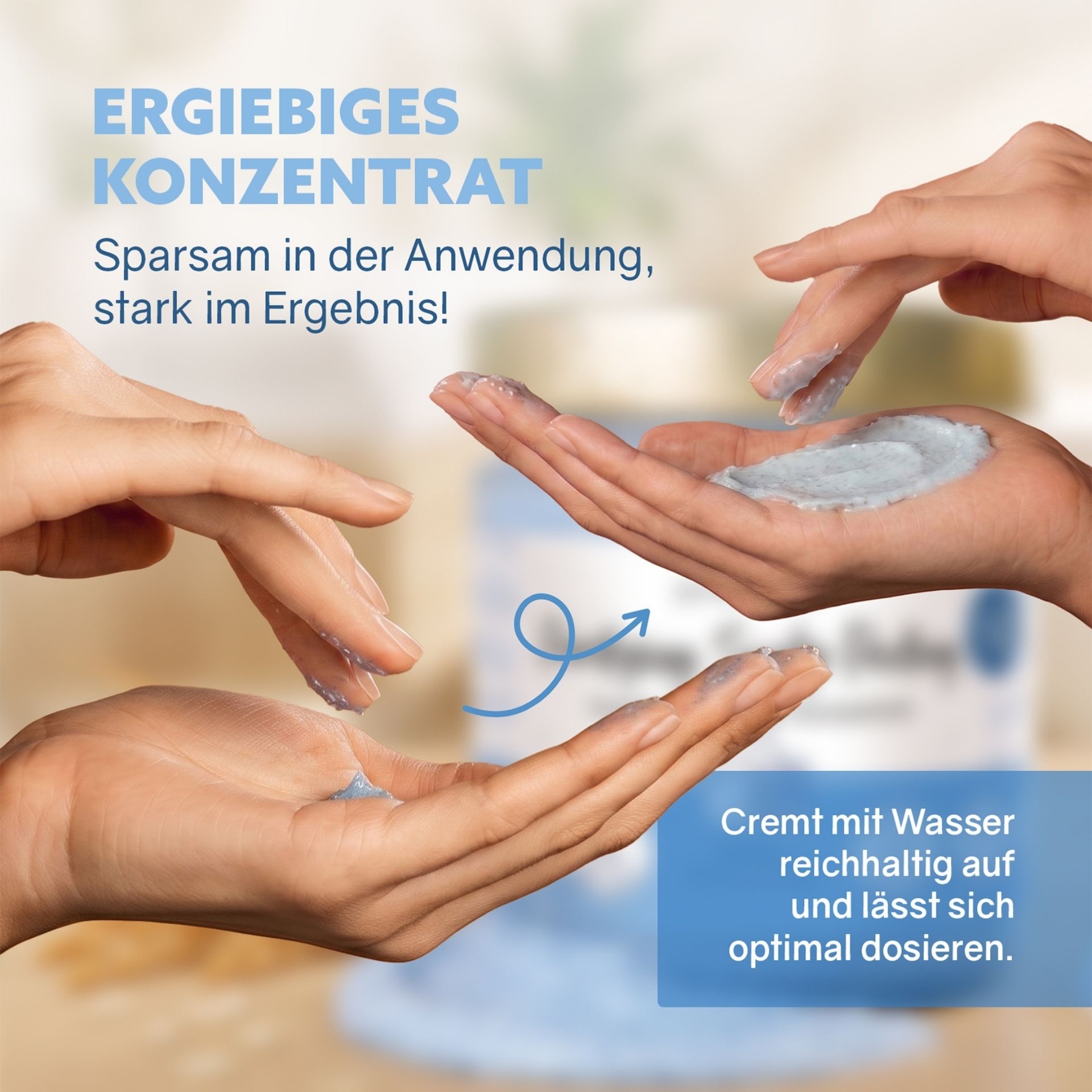Haende mit cremigem Kopfhautpeeling-Konzentrat zur sparsamen Anwendung und Dosierung