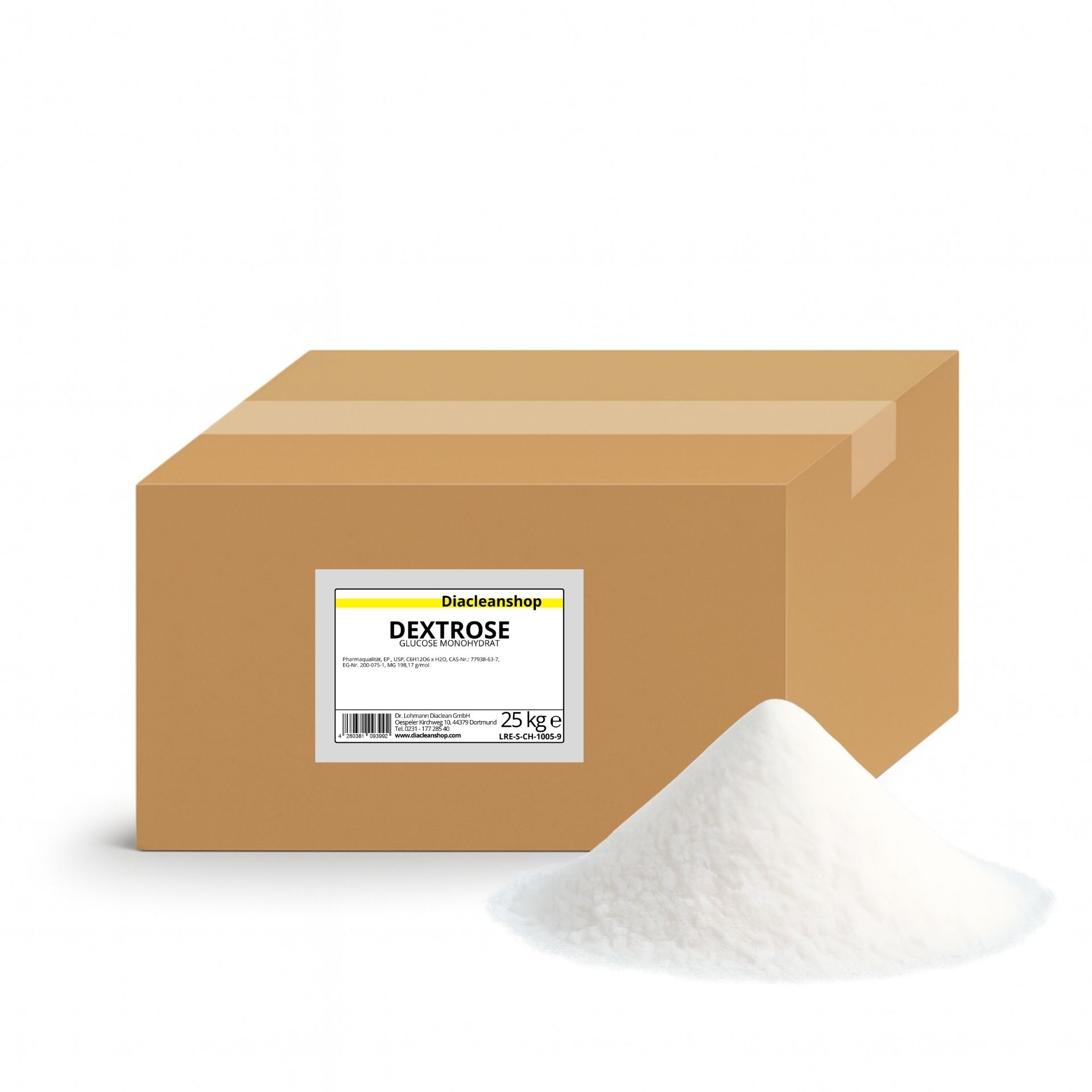 Brauner Karton mit Etikett „Dextrose 25 kg“ vom Diacleanshop_ daneben ein weisser Pulverhaufen auf weissem Hintergrund