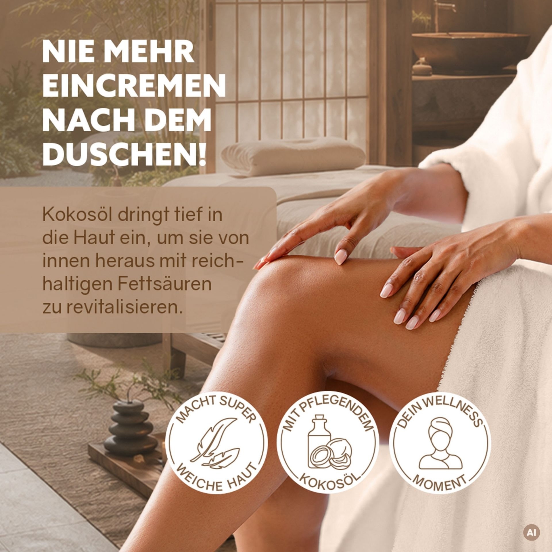 3in1 Dusch-Fluff Einklang mit Hinweis auf Kokosoel und Hautpflege nach dem Duschen