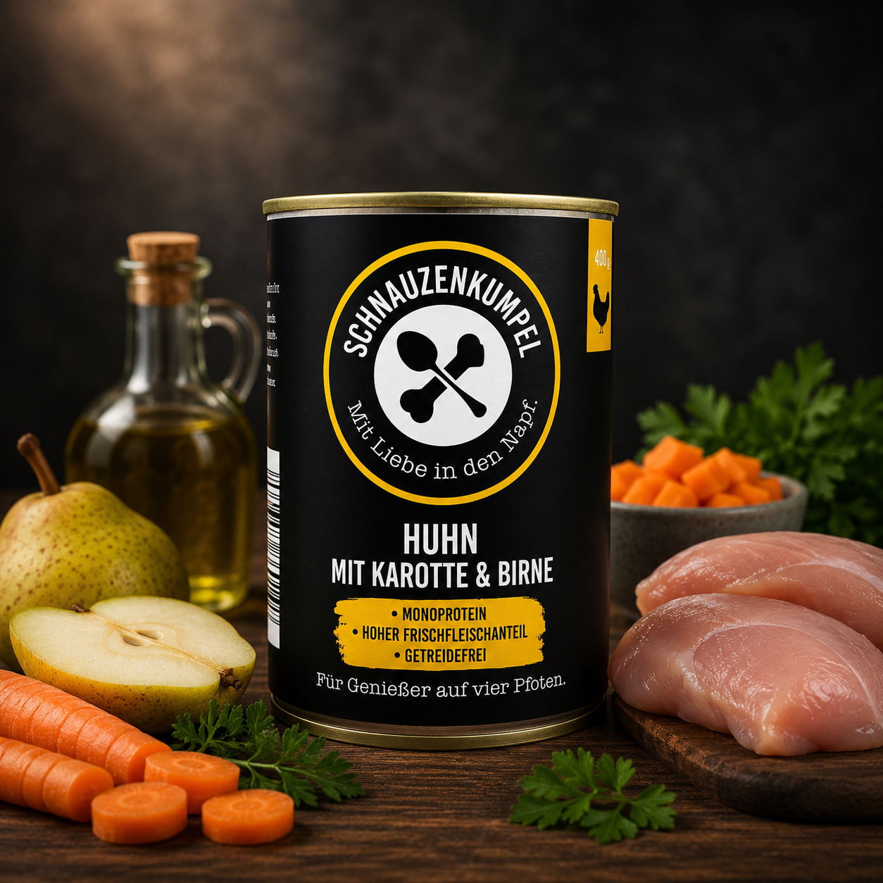 Produktdose Schnauzenkumpel Nassfutter Huhn mit Karotte _ Birne_ umgeben von Huehnchenfleisch_ Karotten und Birnen