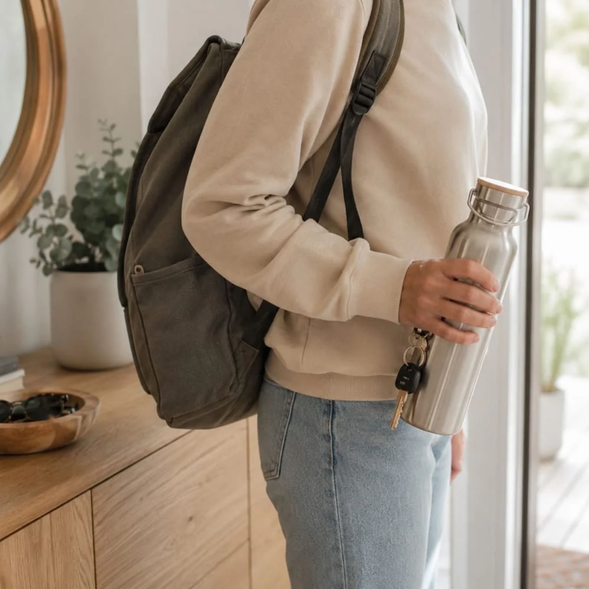 pandoo Edelstahl Trinkflasche 750 ml in der Hand einer Person mit Rucksack