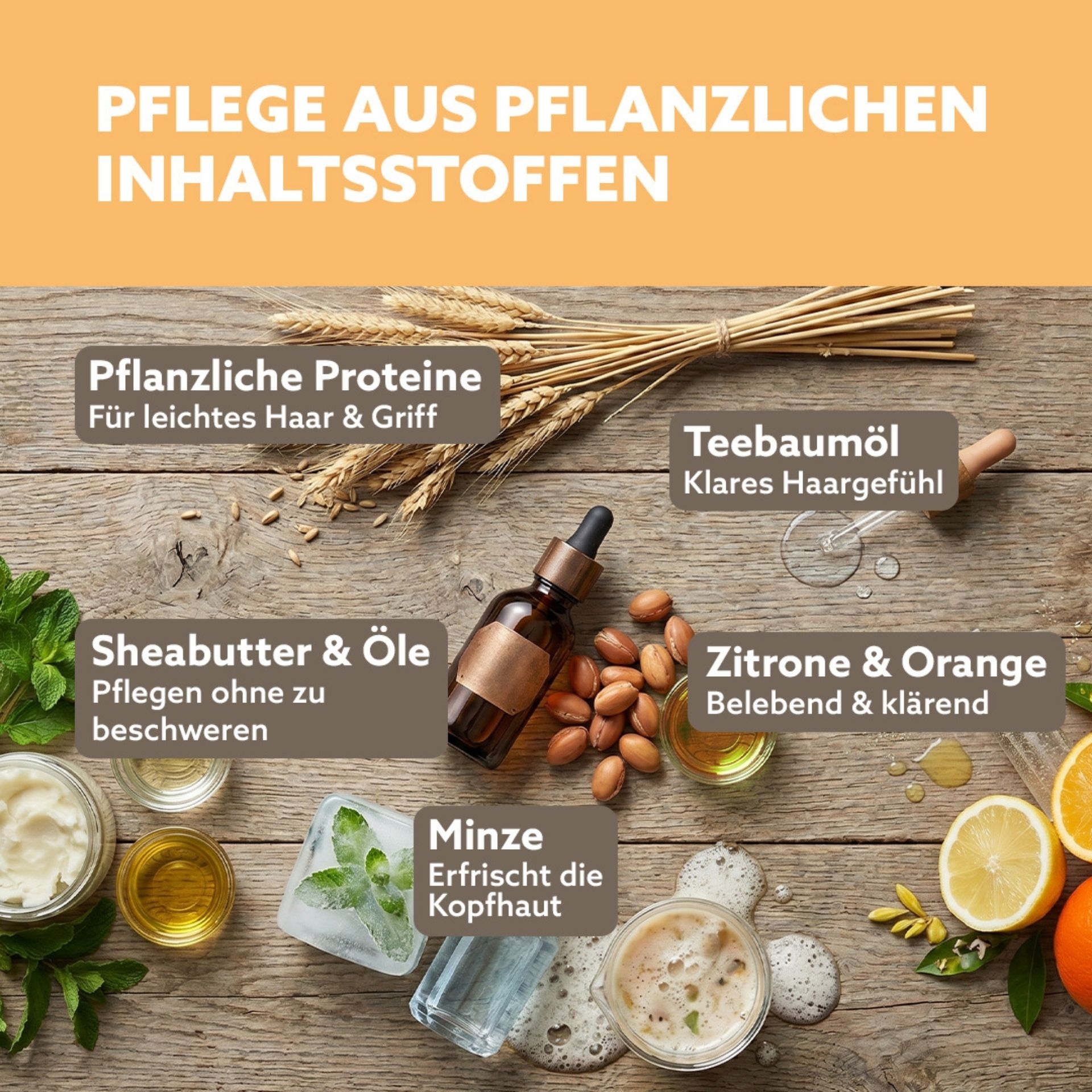 Pflegende Inhaltsstoffe wie Sheabutter_ Minze_ Teebaumoel sowie Zitrone und Orange
