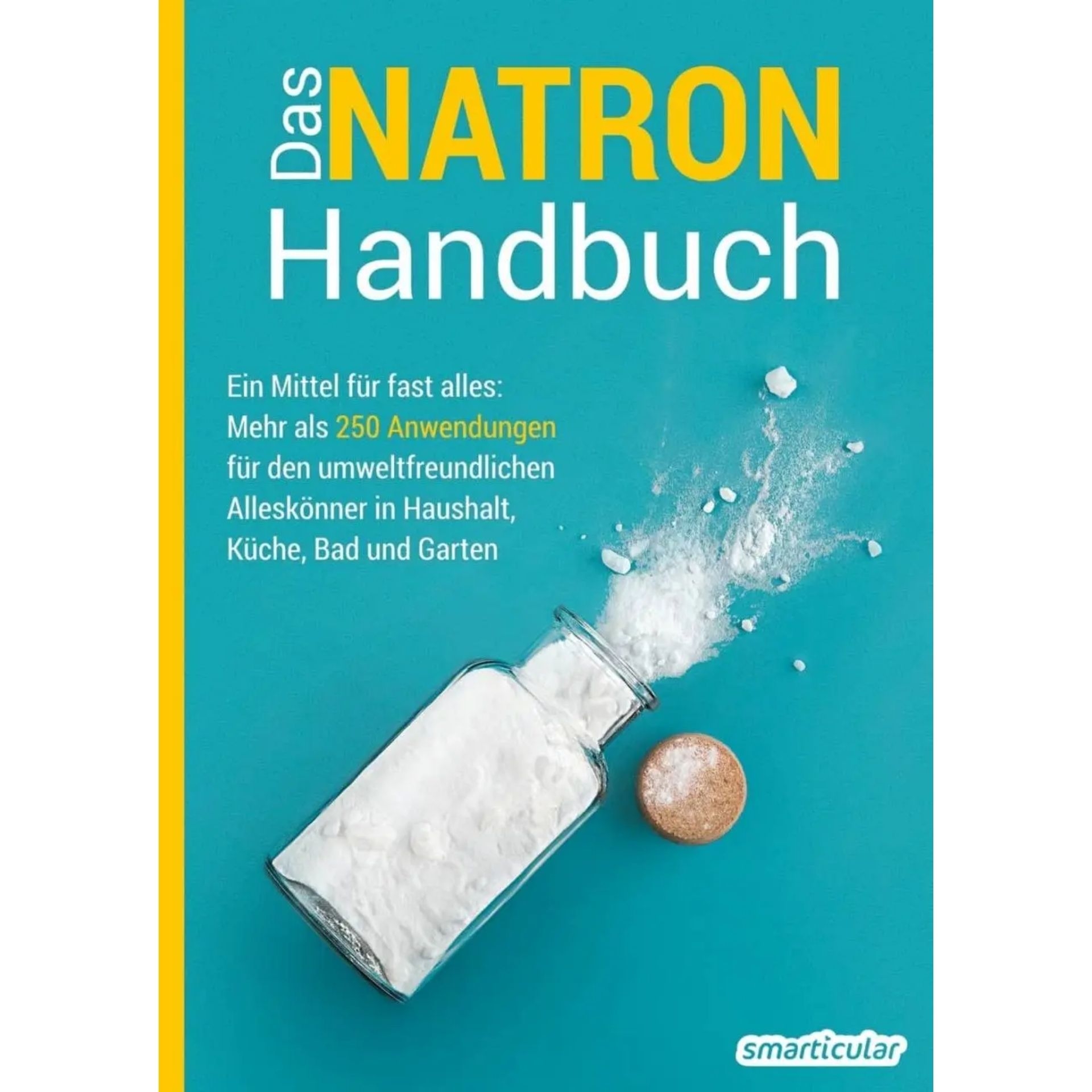 Das Natron-Handbuch mit tuerkisfarbenem Cover_ Natronflasche und Hinweis auf mehr als 250 Anwendungen