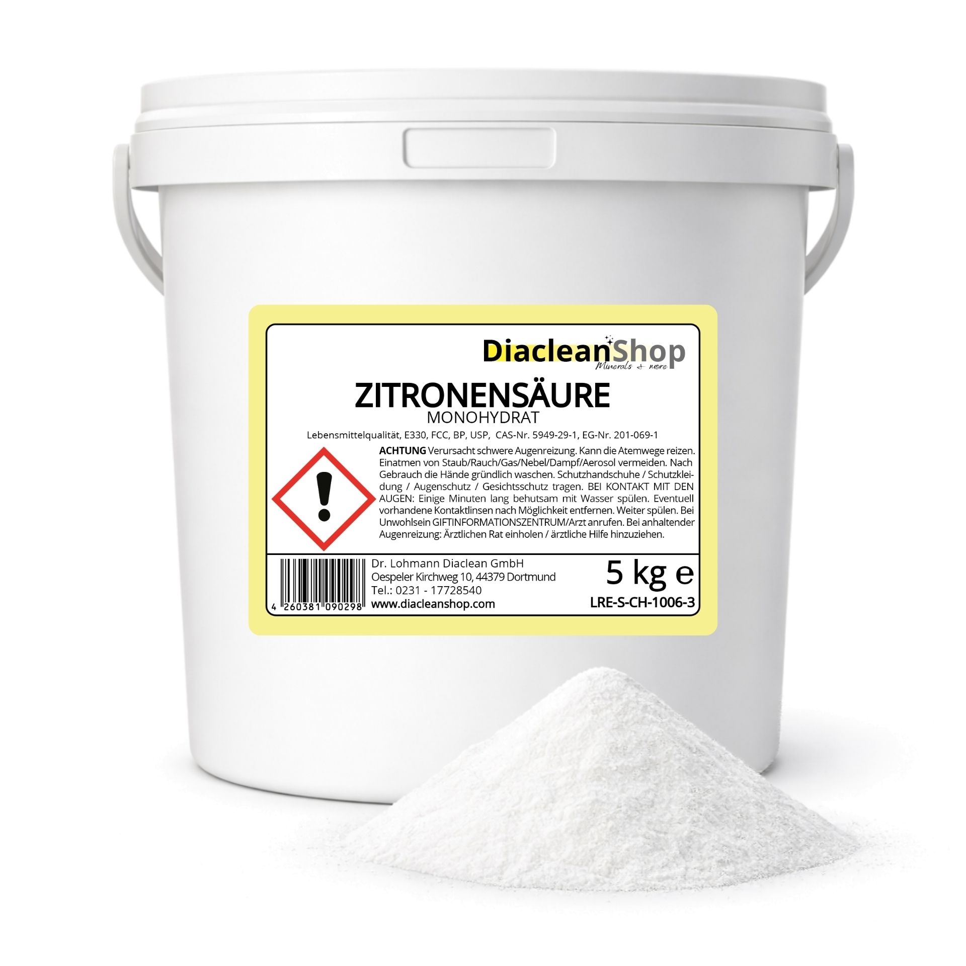 Eimer Zitronensaeure 5kg von Diacleanshop mit gelbem Etikett