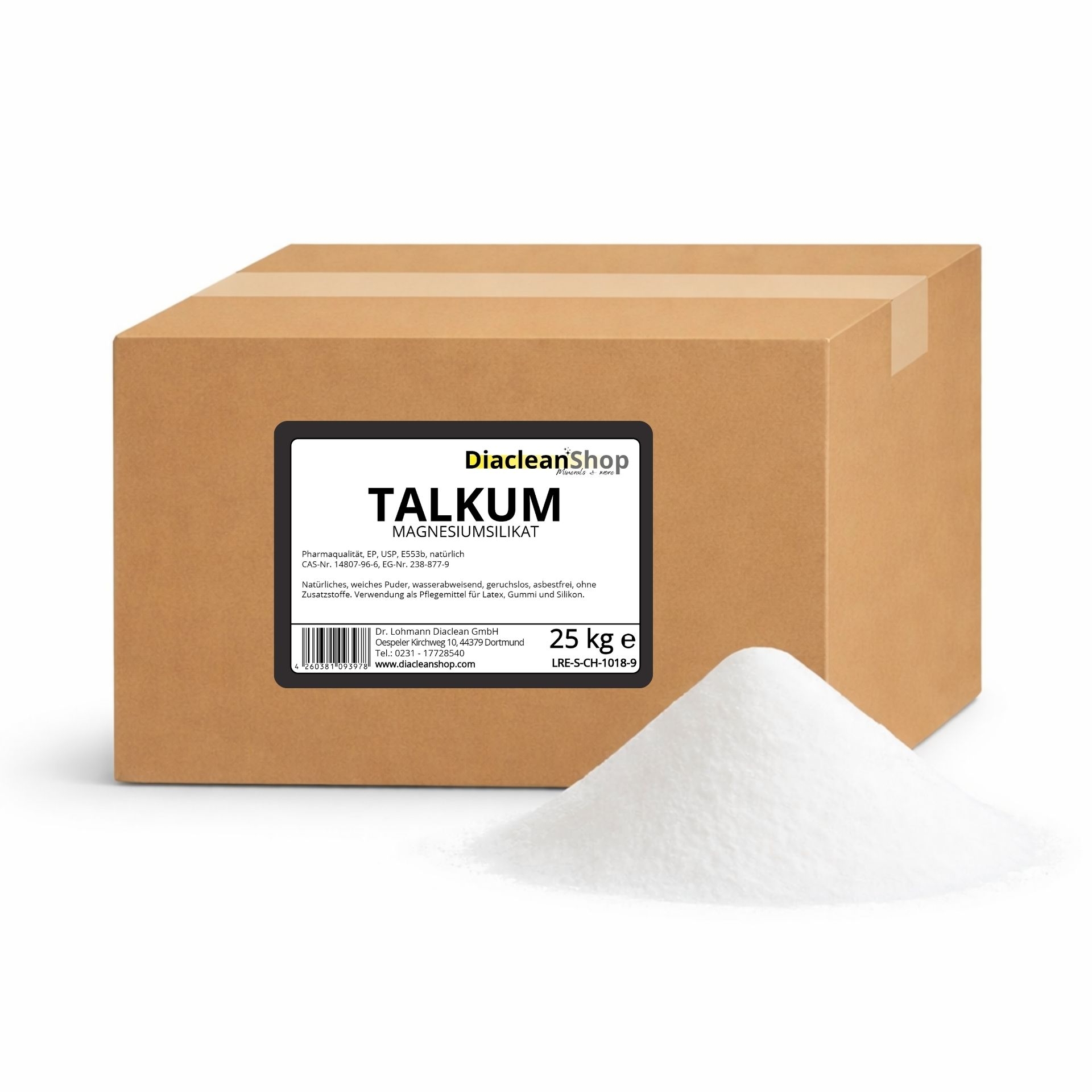 Brauner Karton mit Etikett „Talkum 25 kg“ vom Diacleanshop_ daneben ein weisser Pulverhaufen auf weissem Hintergrund