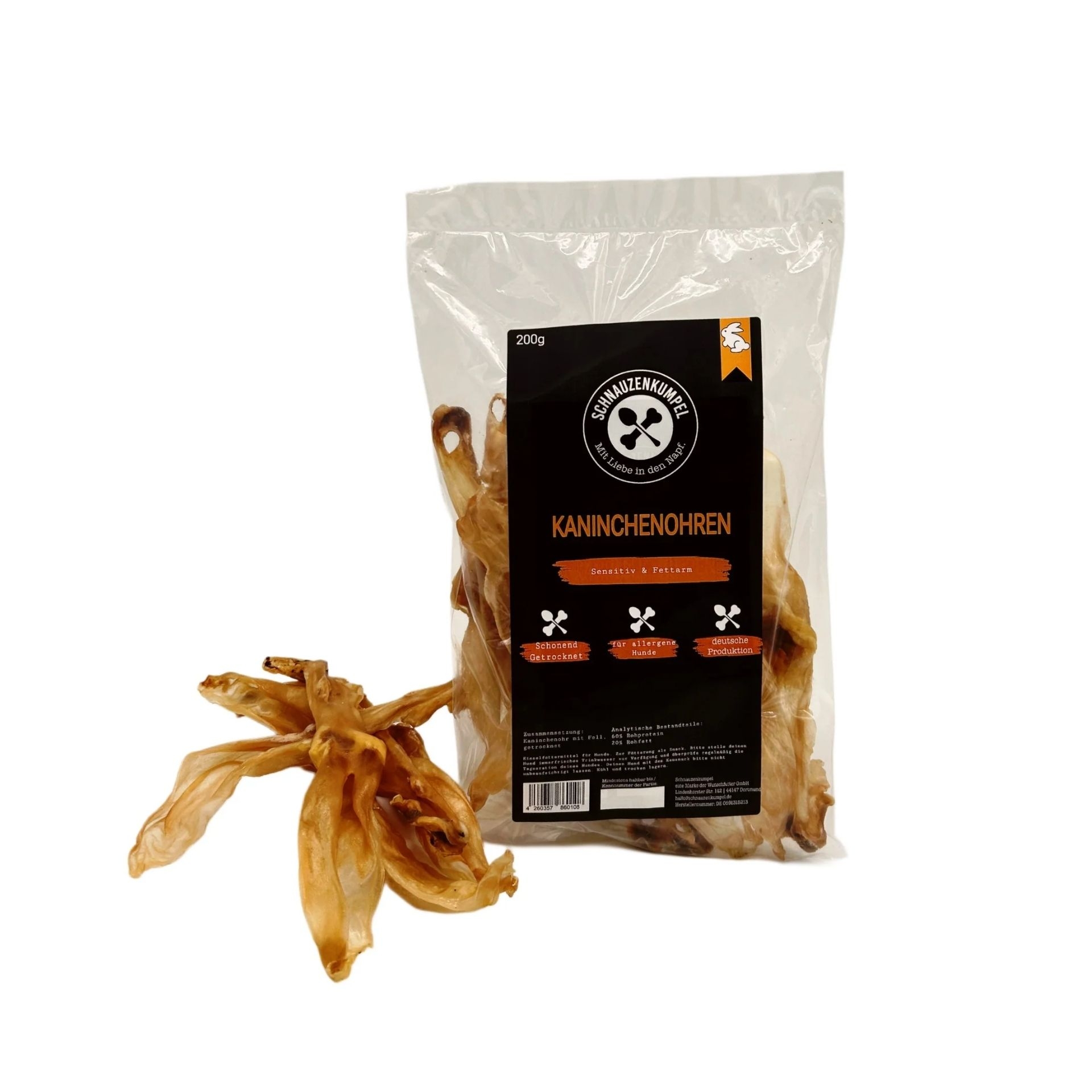 Schnauzenkumpel Kaninchenohren 100 g – Natuerlicher Kausnack aus schonend getrockneten Kaninchenohren mit Fell fuer Hunde
