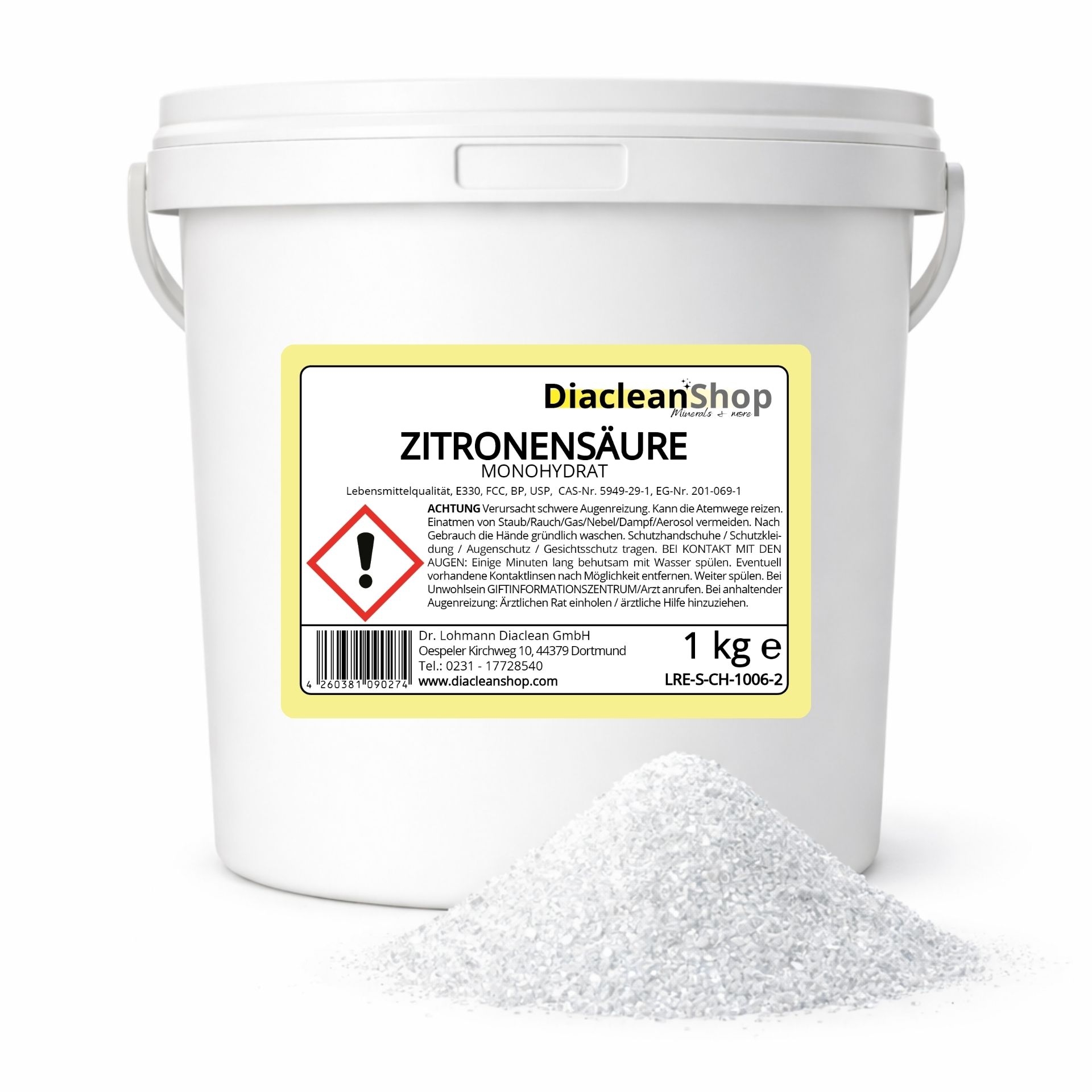 Zitronensaeure 1 kg im weissen Eimer mit Diacleanshop Etikett und kristallinem Granulat davor