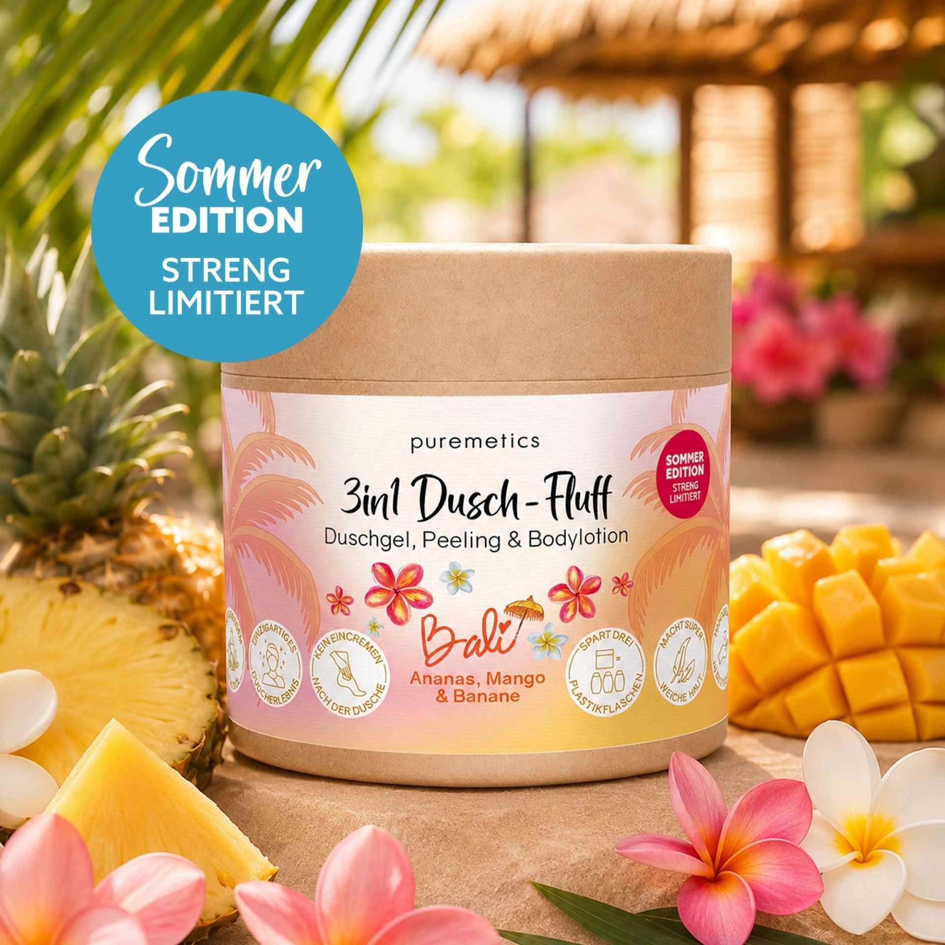 3in1 Dusch-Fluff Bali mit Ananas_ Mango und Banane als limitierte Sommeredition vor tropischer Kulisse