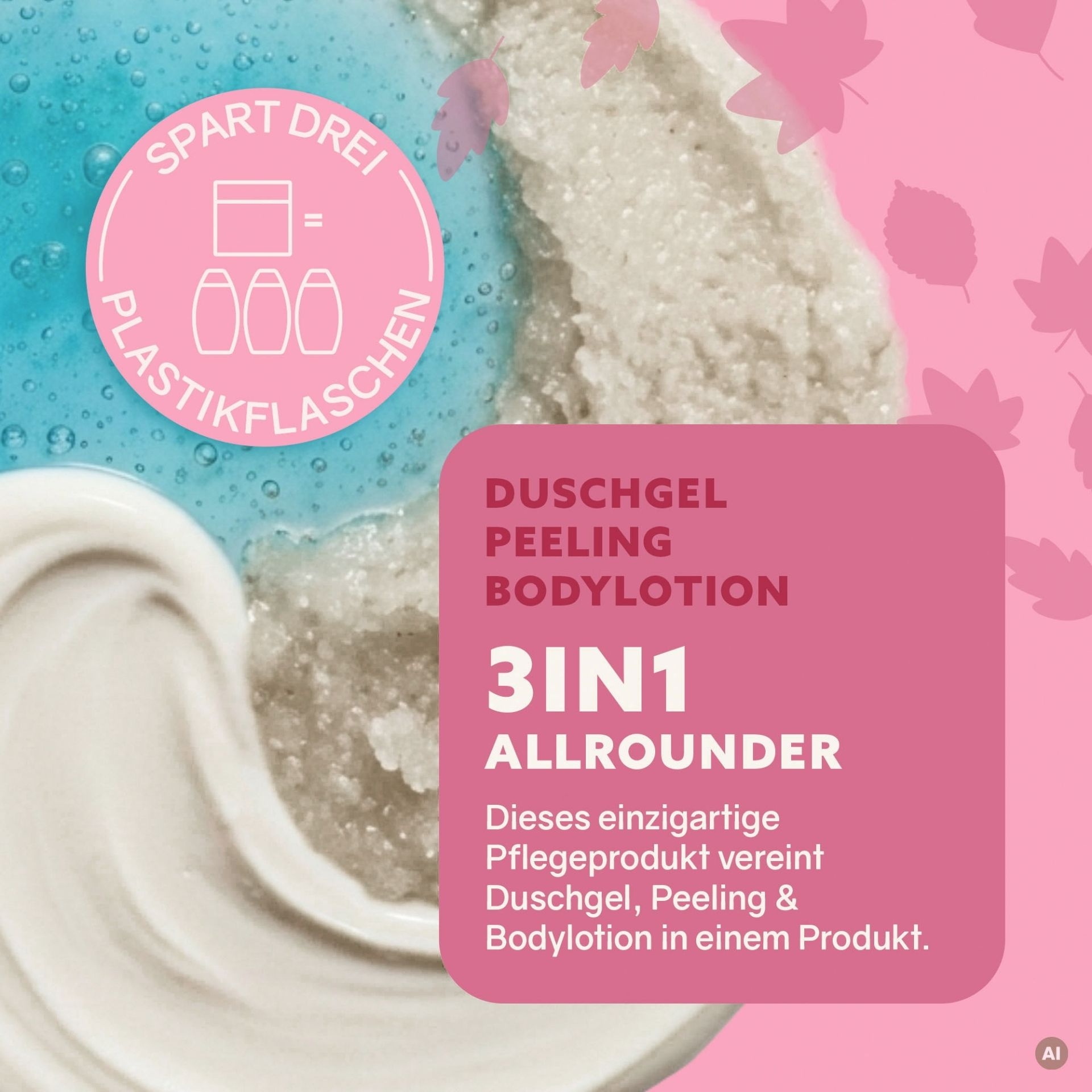 3in1 Dusch-Fluff als Duschgel_ Peeling und Bodylotion mit cremiger und koerniger Textur