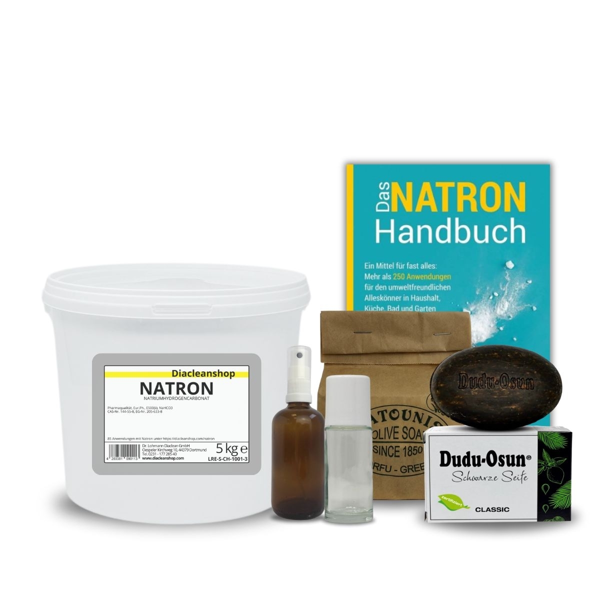 Natron Set mit 5-kg Eimer Natriumhydrogencarbonat_ braune Glasflasche mit Spruehkopf_ Deoroller_ braune Papiertuete Olivenseife_ schwarze Seife Dudu-Osun Classic und Buch 'Das Natron Handbuch'