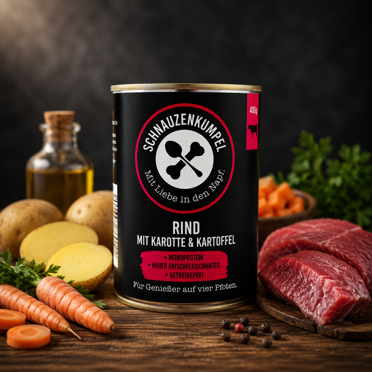 Produktdose Schnauzenkumpel Nassfutter Rind mit Kartoffel _ Karotte_ umgeben von Rindfleisch_ Kartoffeln und Karotten