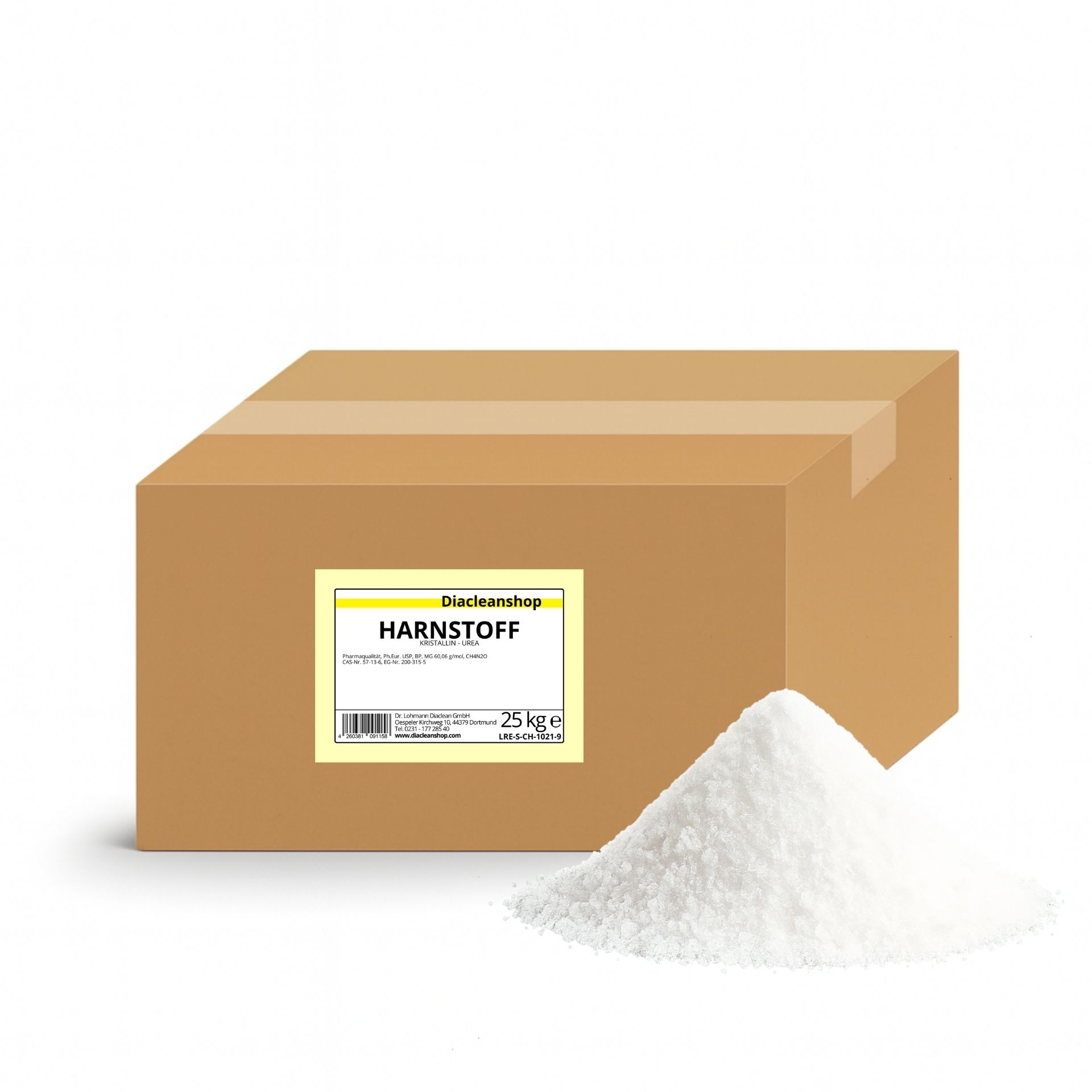 Brauner Karton mit Etikett „Harnstoff 25 kg“ vom Diacleanshop_ daneben ein weisser kristalliner Pulverhaufen auf weissem Hintergrund