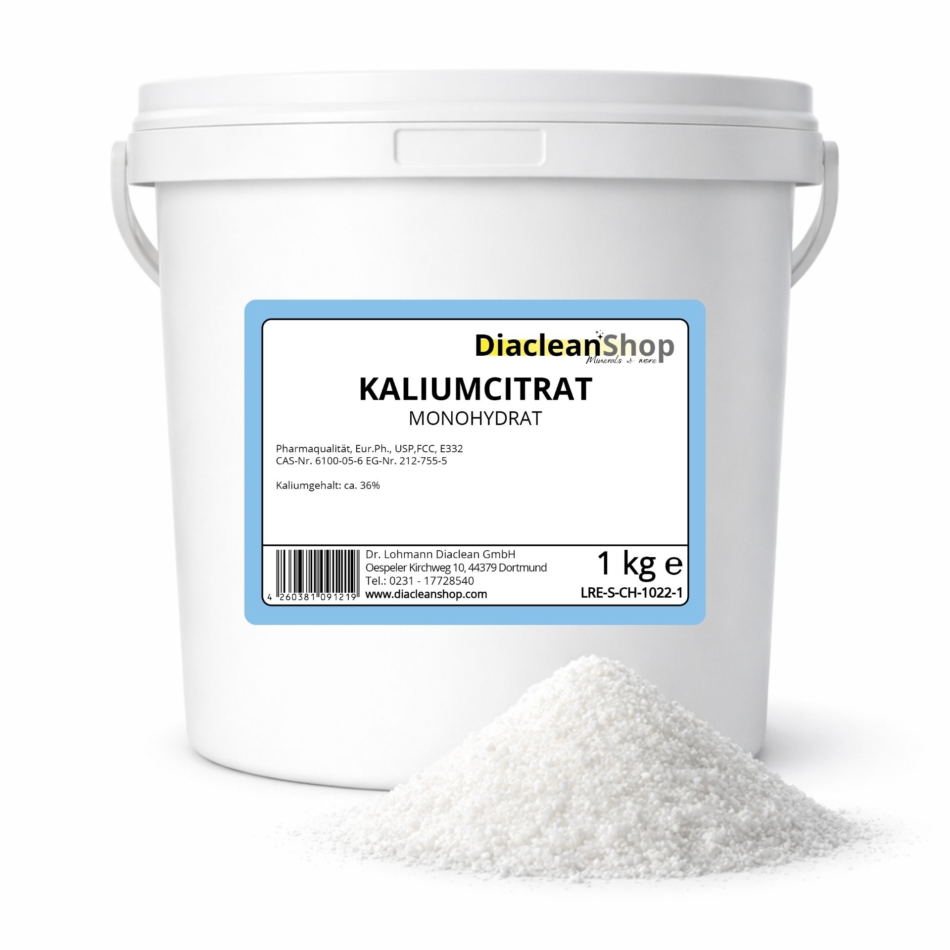 Weisser Kunststoffeimer mit blauem Etikett und der Aufschrift Kaliumcitrat 1kg von Diacleanshop