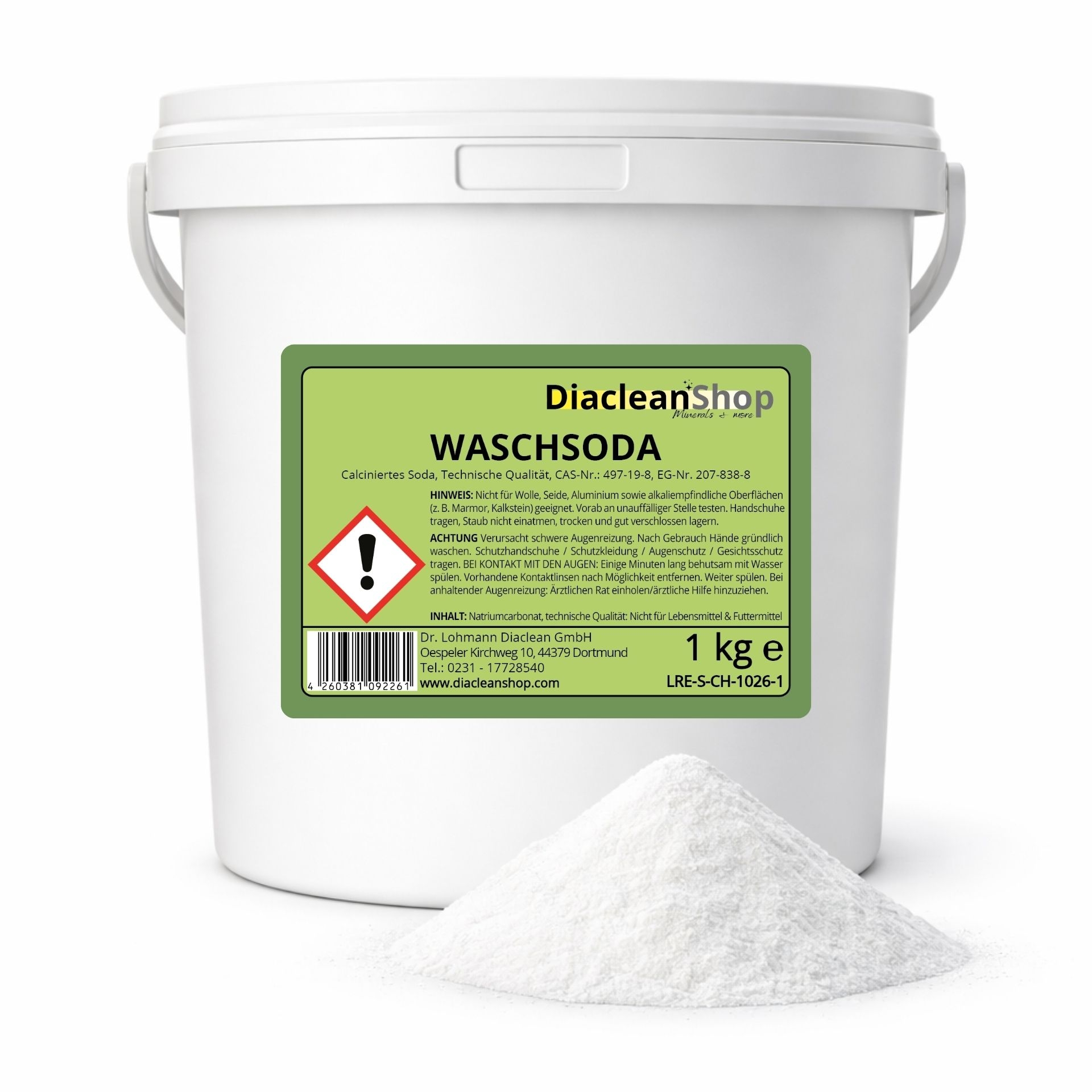 Waschsoda 1 kg im weissen Eimer mit Diacleanshop Etikett und weissem Pulver davor
