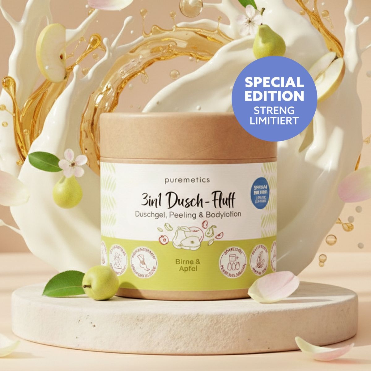 3in1 Dusch-Fluff Birne und Apfel im Tiegel mit frischem Fruchtmotiv und Special Edition Hinweis