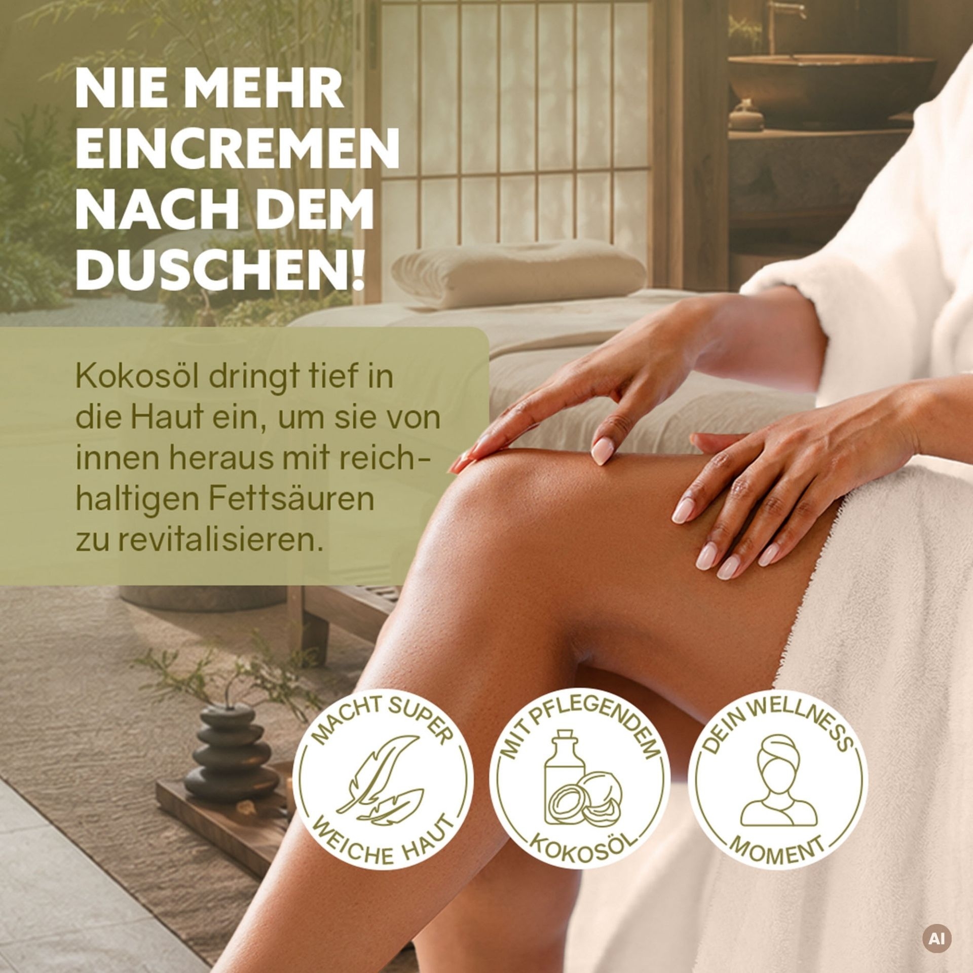 3in1 Dusch-Fluff Erdung mit Hinweis auf Kokosoel und Hautpflege nach dem Duschen