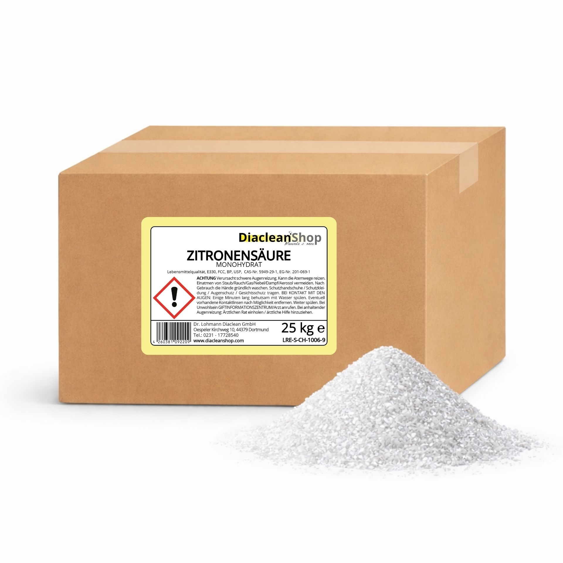 Brauner Karton mit Etikett „Magnesium Flakes 25 kg“ vom Diacleanshop_ daneben ein weisser Kristallhaufen auf weissem Hintergrund