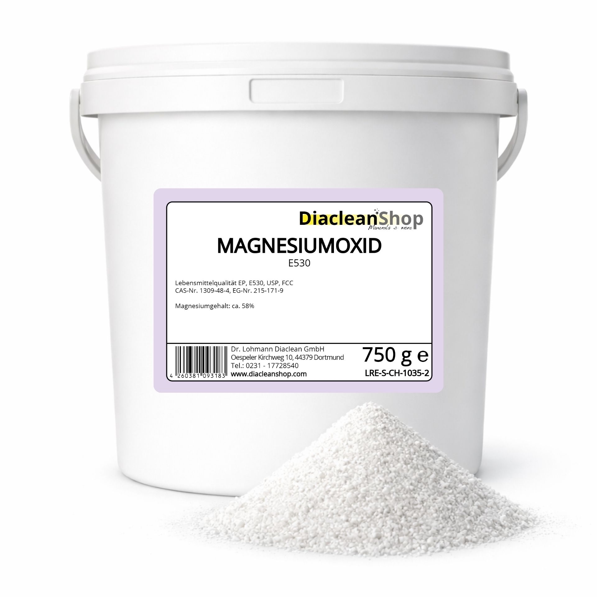 Magnesiumoxid 750g E530 im weissen Eimer mit Produktetikett von Diacleanshop