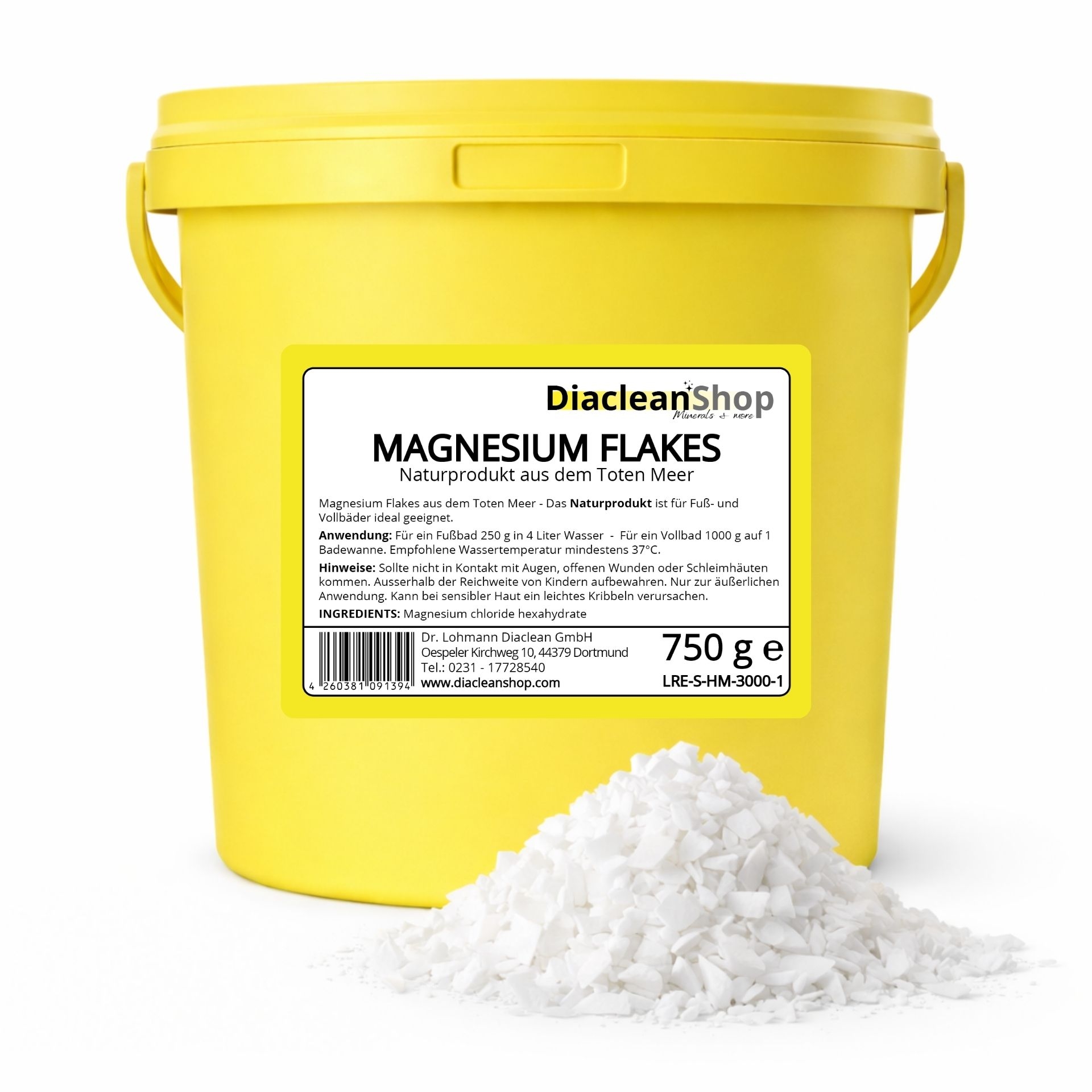Gelber Eimer Diacleanshop Magnesium Flakes 750g mit Produktetikett