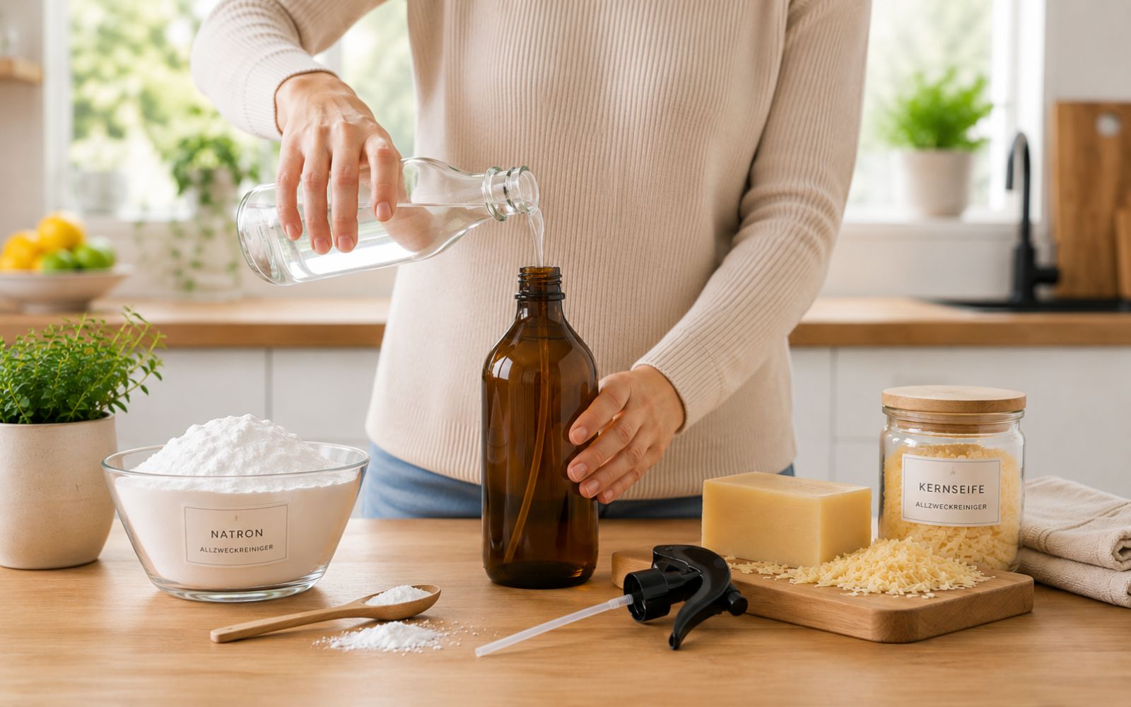 DIY Allzweckreiniger aus Natron und Kernseife in einer Sprühflasche auf einer hellen Küchenarbeitsplatte