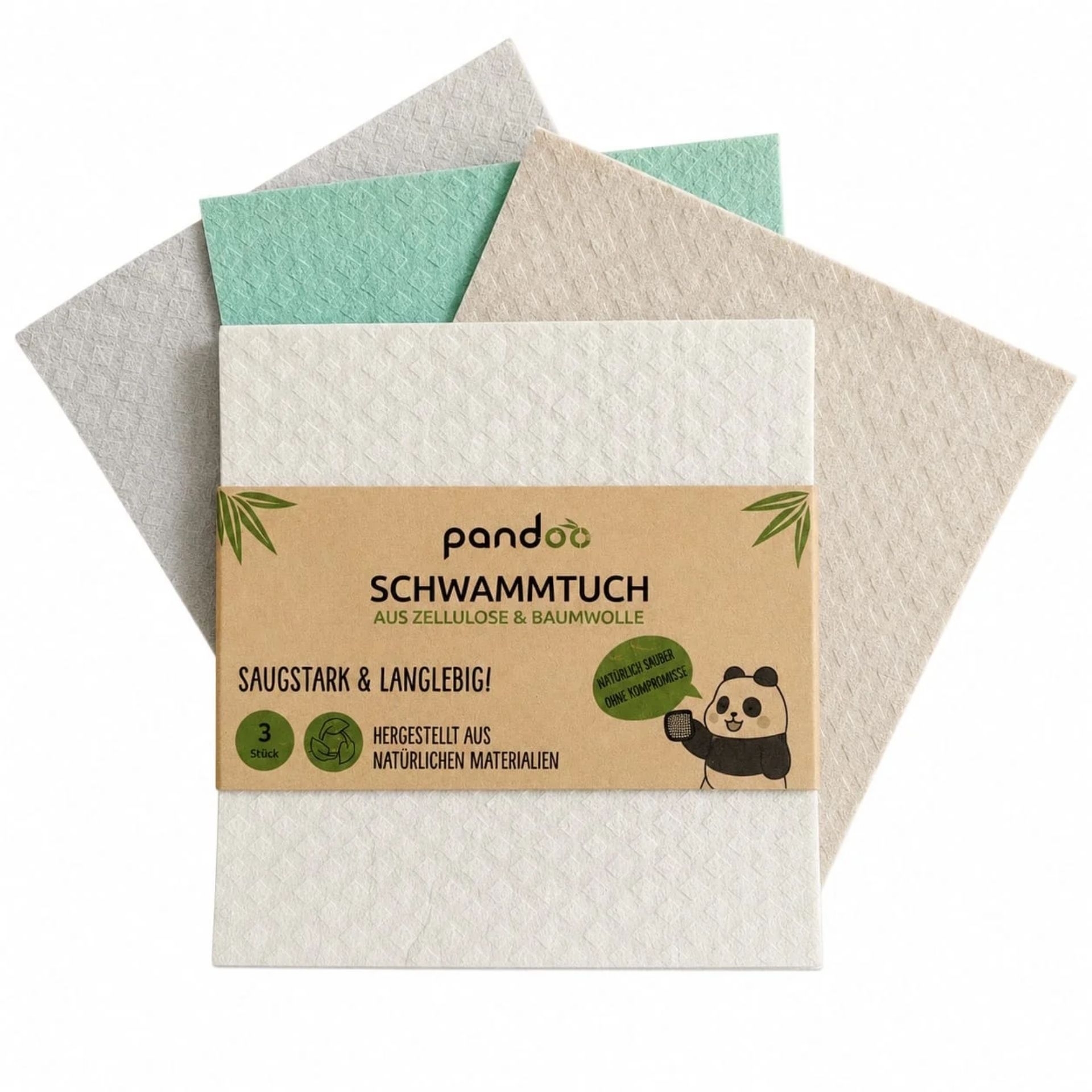 pandoo Schwammtuch 3er Set mit Verpackung und Tuechern in Weiss_ Grau und Gruen