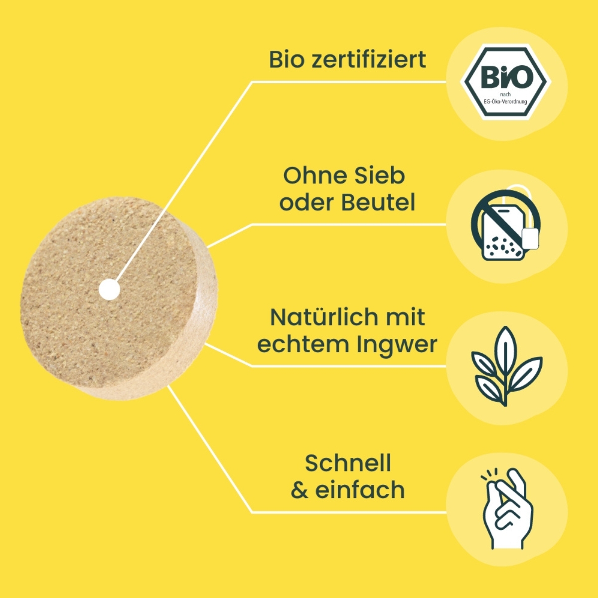 Nahaufnahme Blob mit Icons fuer Bio_ ohne Sieb_ mit Ingwer_ schnell und einfach