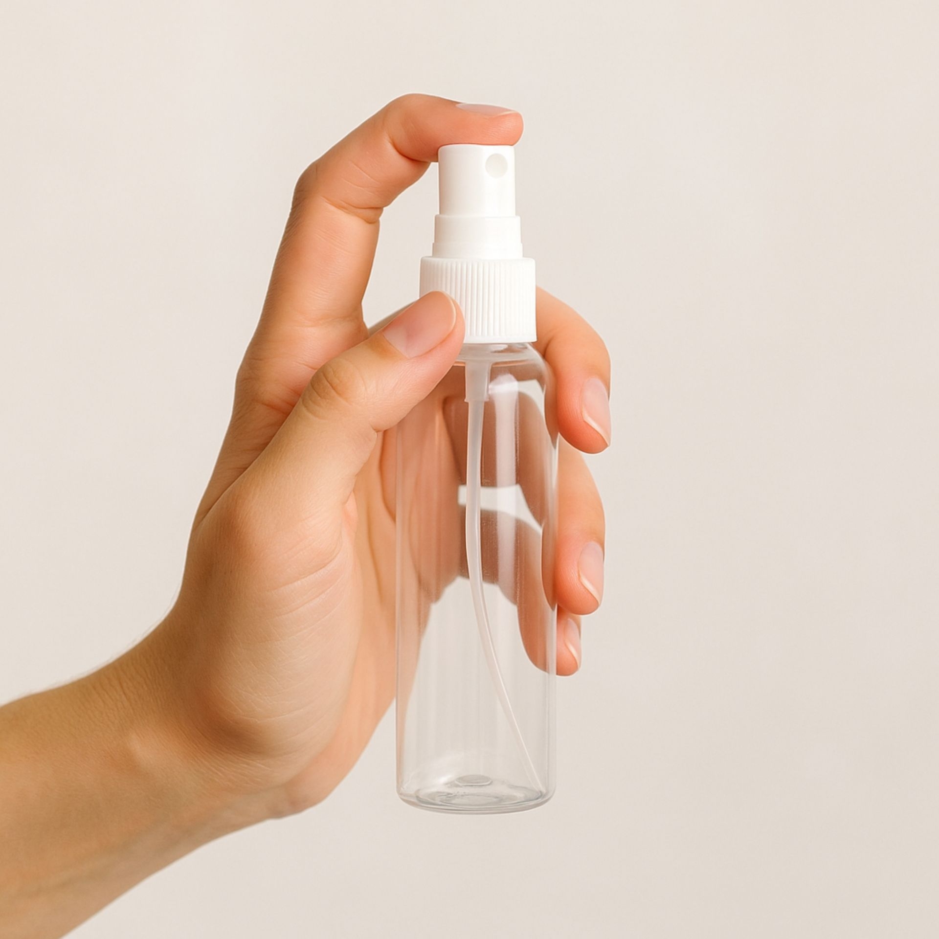 Transparente 100ml PET-Sprayflasche mit weissem Spruehkopf_ in einer Hand gehalten_ fuer DIY-Reiniger oder Kosmetik