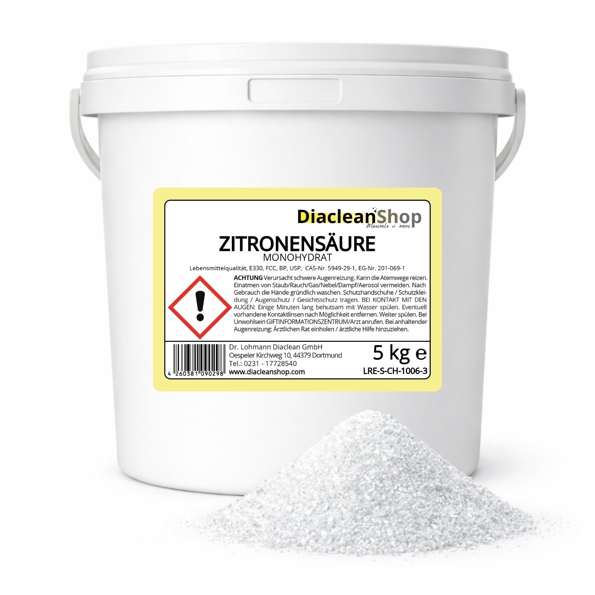 Zitronensaeure 5 kg im weissen Eimer mit Diacleanshop Etikett und kristallinem Granulat davor