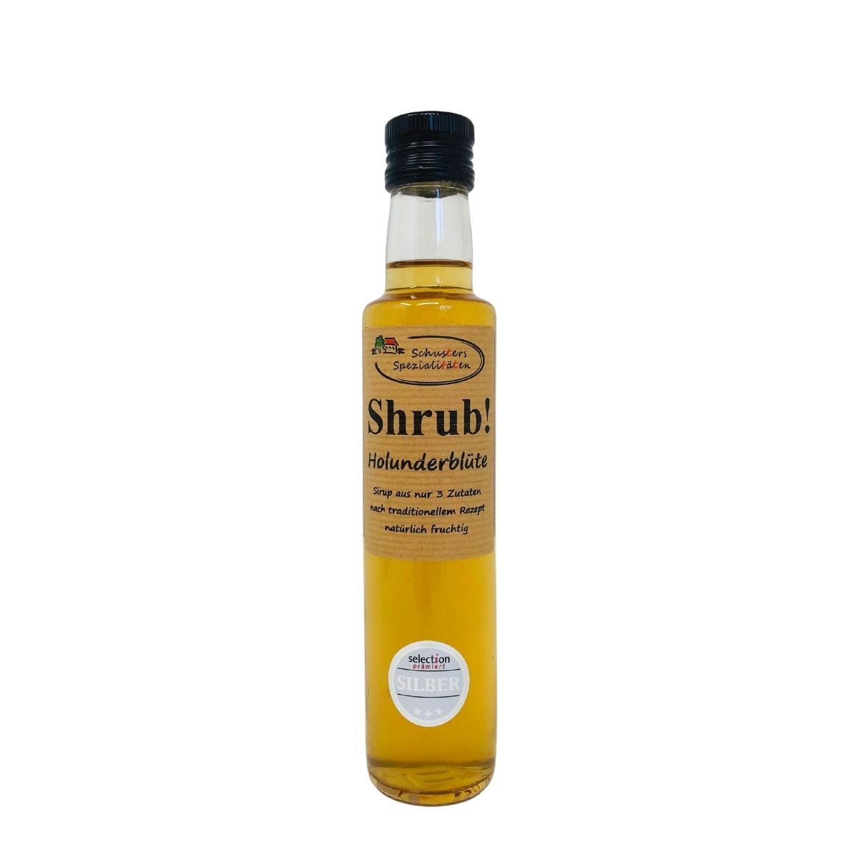 Flasche Shrub Holunderbluete von Schusters Spezialitaeten mit rotem Fruchtsirup und goldener Auszeichnung