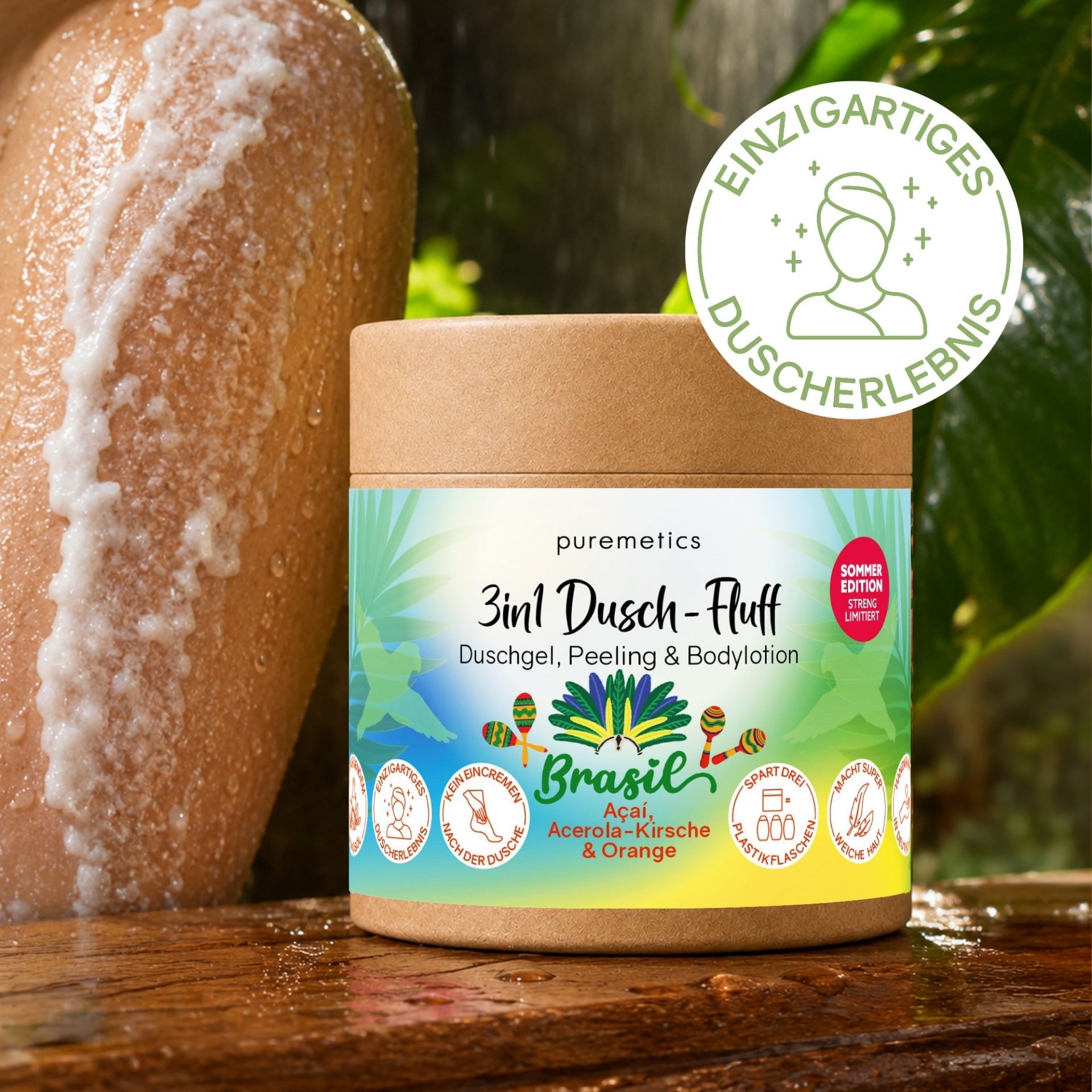 3in1 Dusch-Fluff Brasilien mit cremigem Peeling fuer ein einzigartiges Duscherlebnis und gepflegte Haut