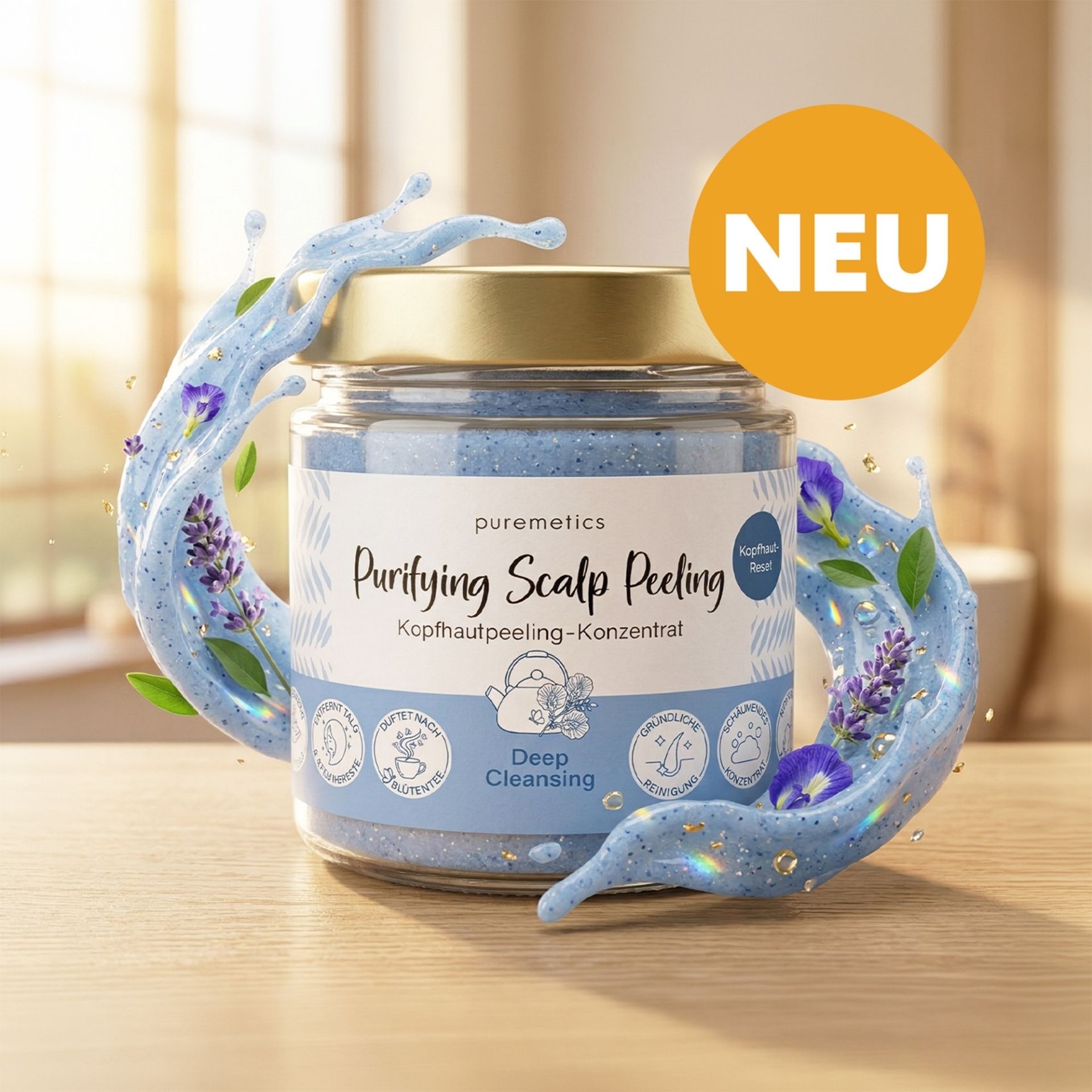 Purifying Scalp Peeling Deep Cleansing von Puremetics im Glas mit blauem Peeling und Lavendel