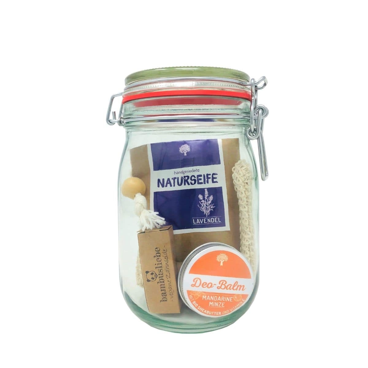 Geschenkset im Glas mit handgesiedeter Lavendel-Naturseife_ Deo-Balm Mandarine Minze und weiteren Badeartikeln