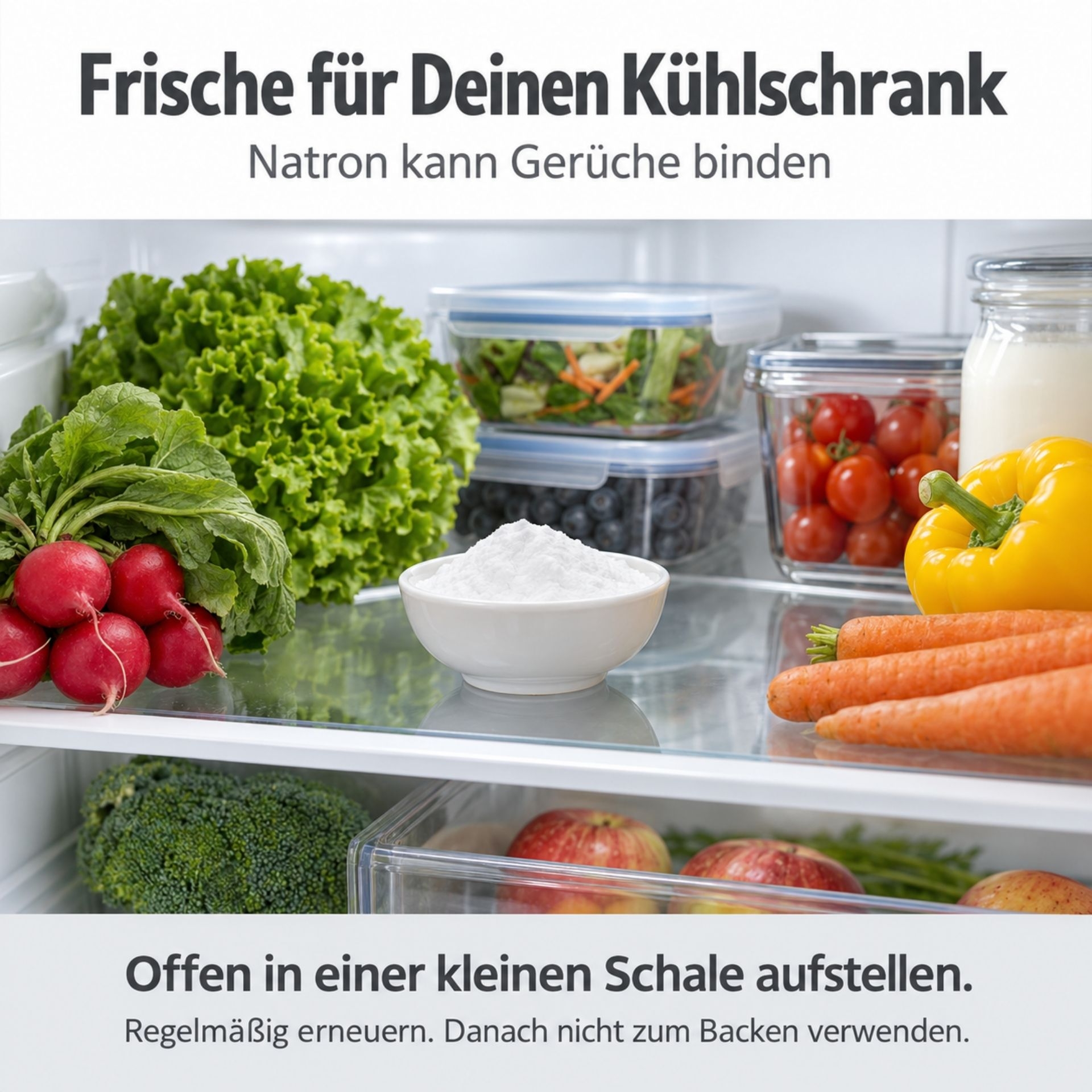 Natron in einer offenen Schale im Kuehlschrank zum Binden von Geruechen