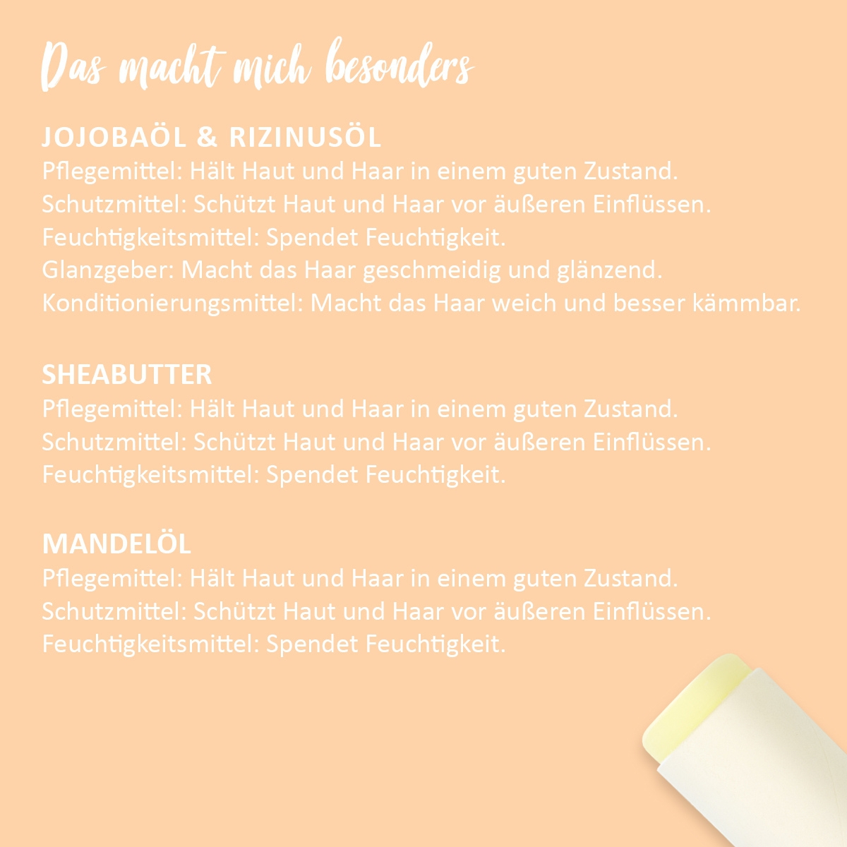 Grafik mit Inhaltsstoffen und Pflegeeigenschaften des Lippenpflegestifts Natural von Puremetics