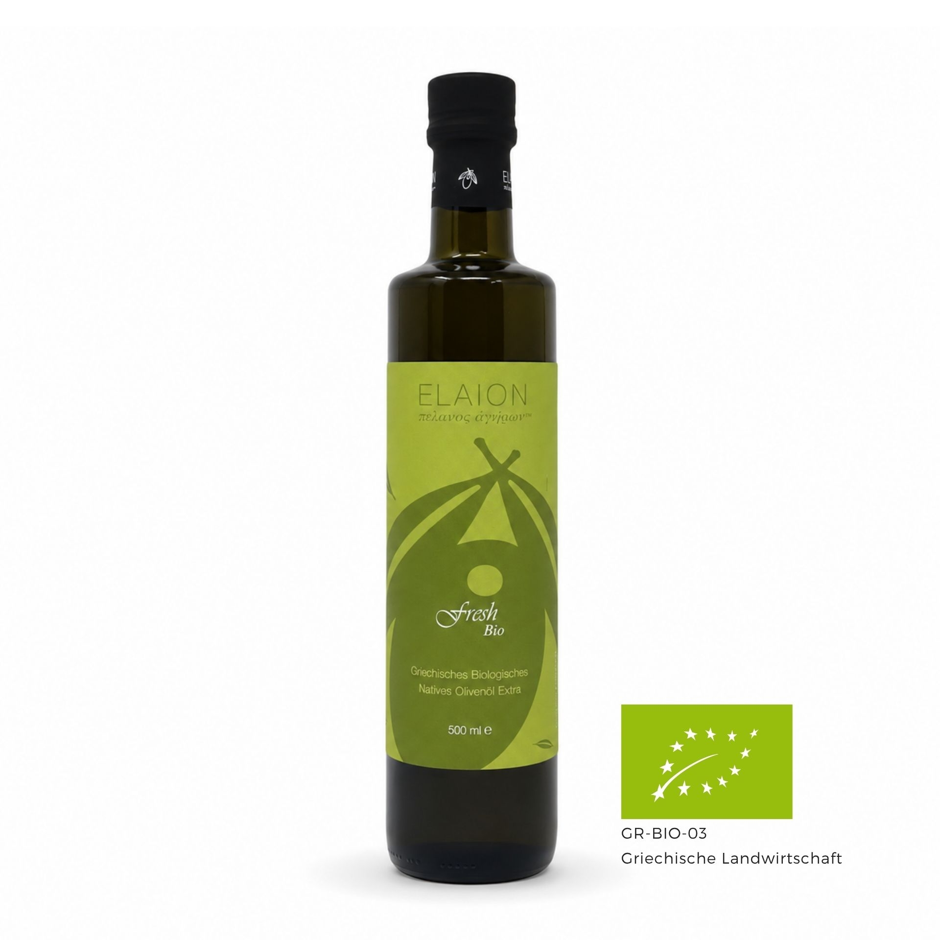 Elaion Fresh Bio natives Bio-Olivenoel Extra 500 ml freigestellt auf weissem Hintergrund