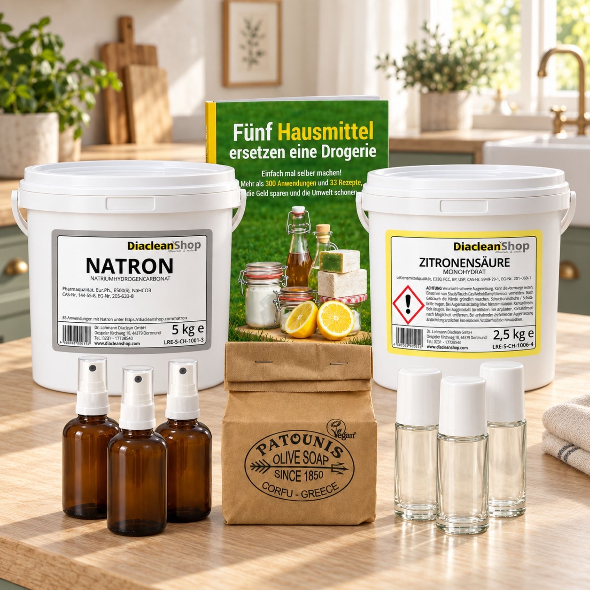 Hausmittelset mit Natron_ Zitronensaeure_ Kernseife_ Flaschen und Hausmittelbuch in einer Kueche