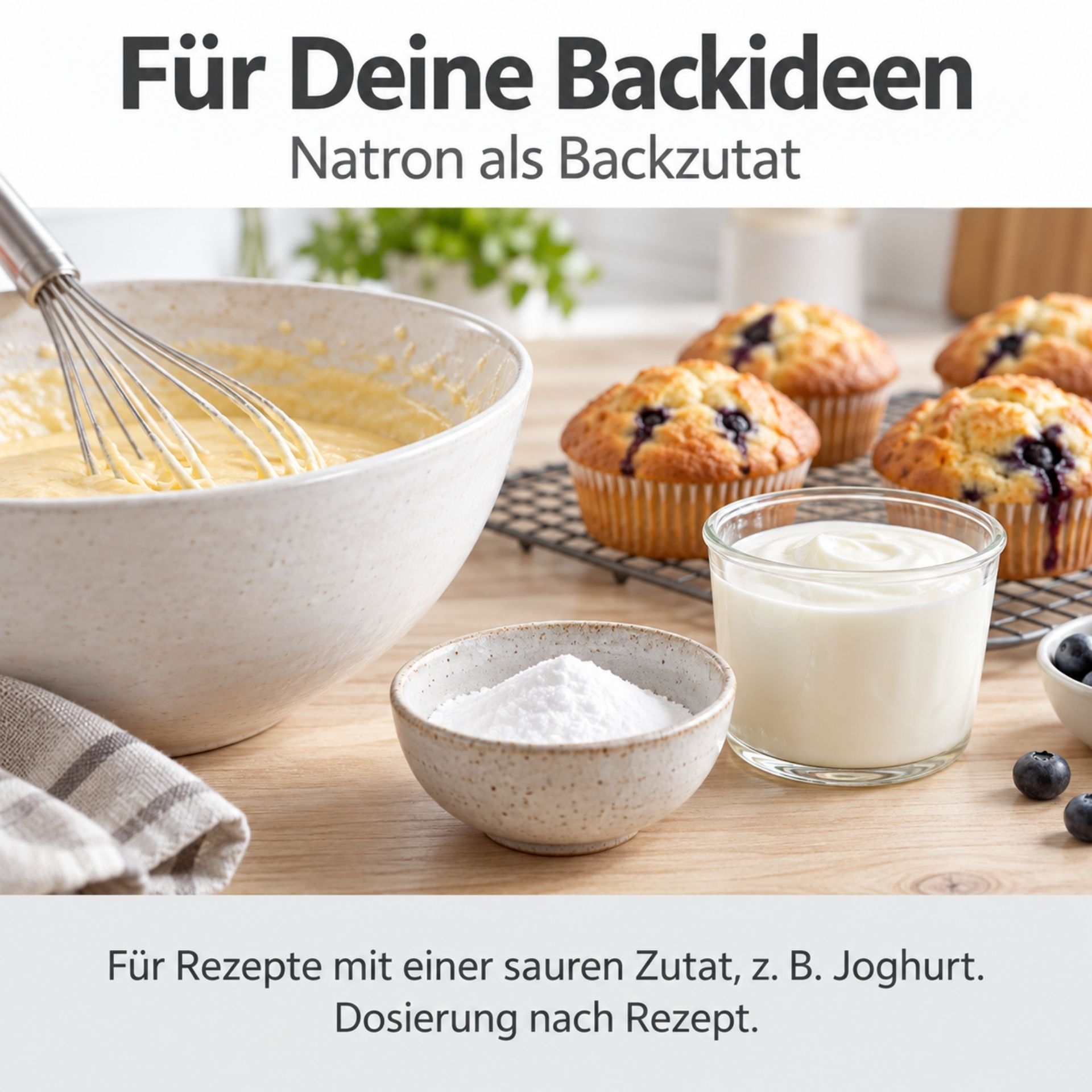 Natron als Backzutat neben Teig_ Joghurt und frisch gebackenen Blaubeermuffins