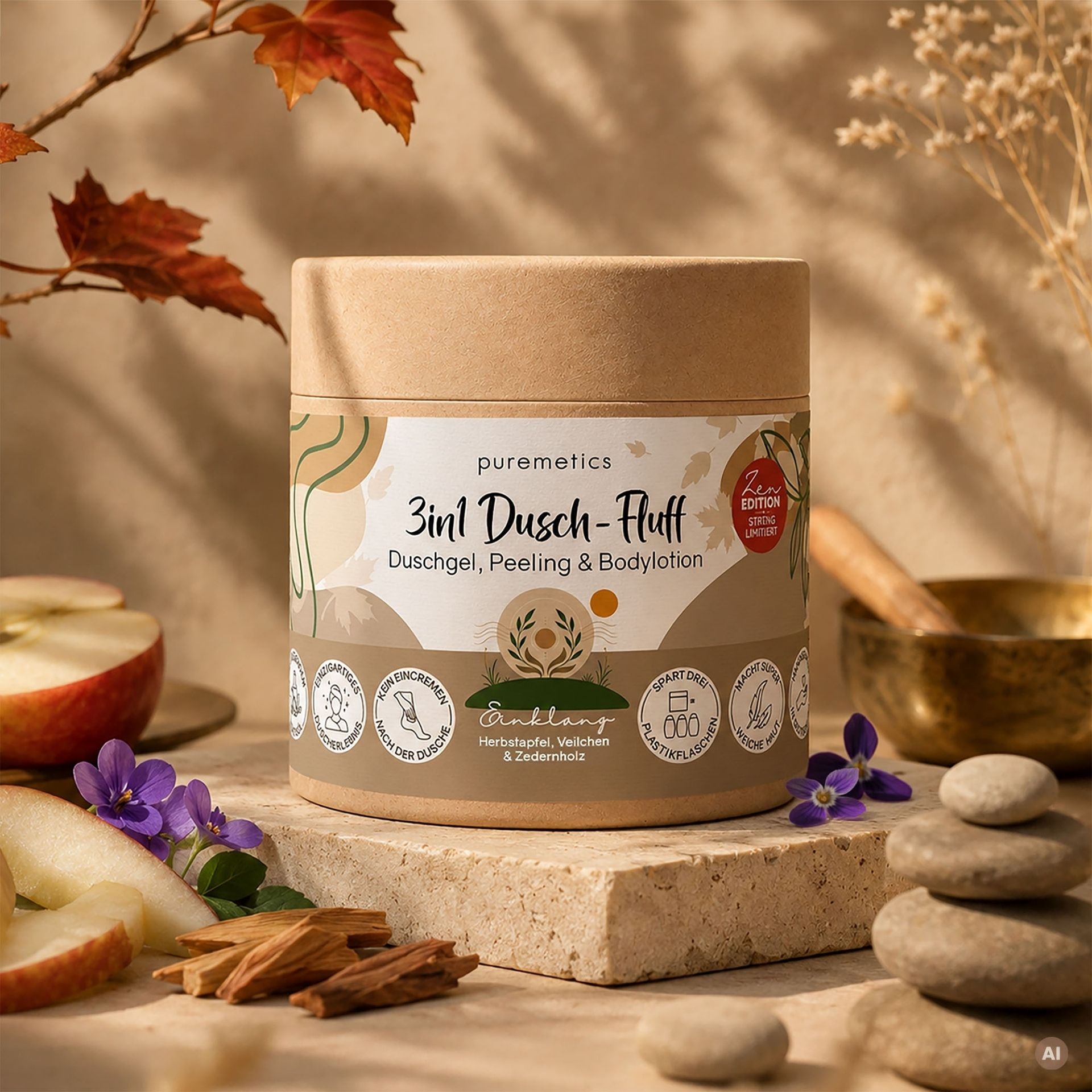 3in1 Dusch-Fluff Einklang mit Herbstapfel_ Veilchen und Zedernholz in herbstlicher Wellness-Szene