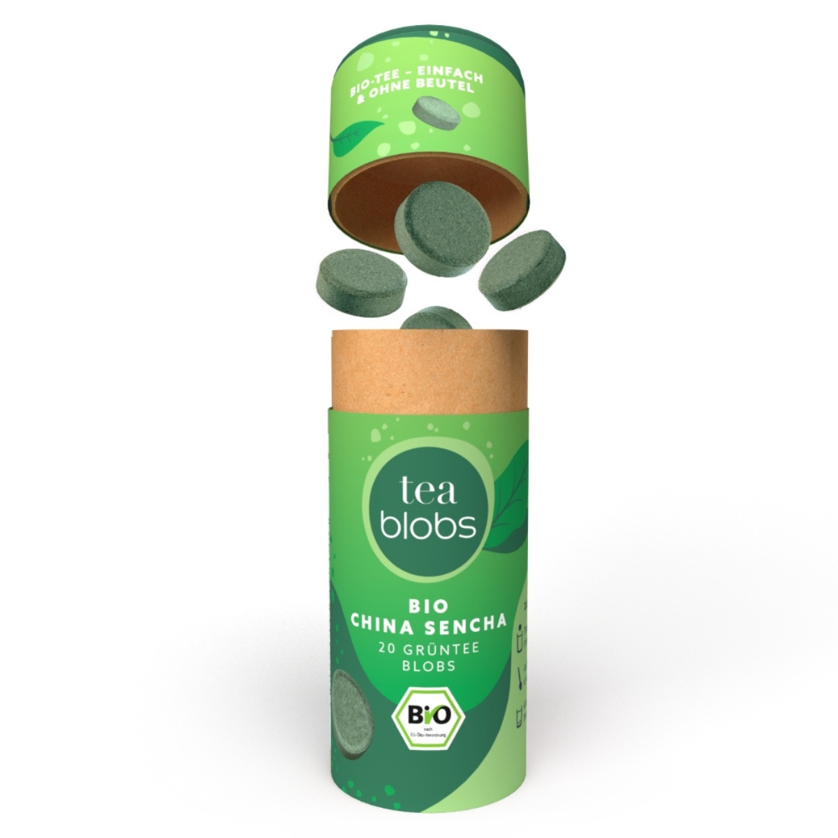 Bio China Sencha Teablobs Packung geoeffnet mit fallenden gruenen Teablobs