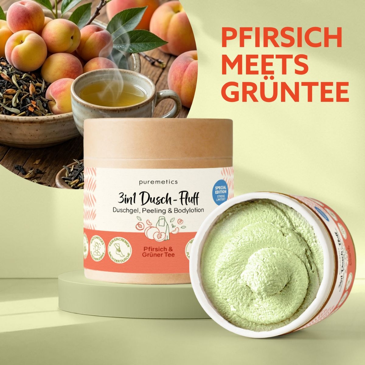 Geoeffneter Dusch-Fluff Pfirsich und gruener Tee mit cremiger Textur im Badezimmer